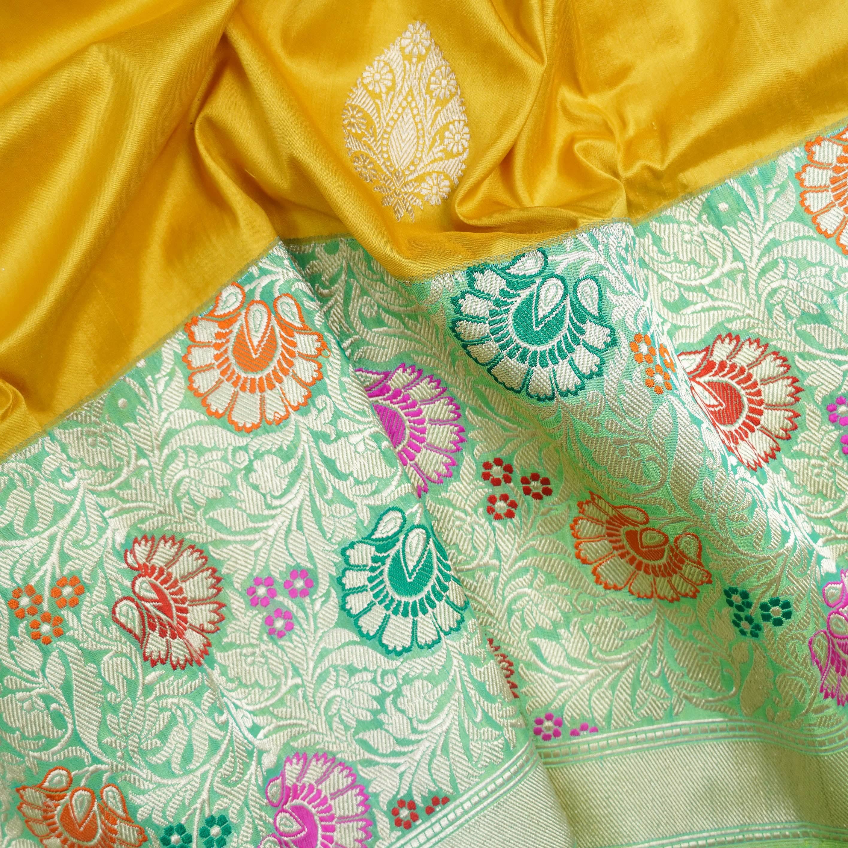 Yellow Pure Katan Silk Handloom Banarasi Saree