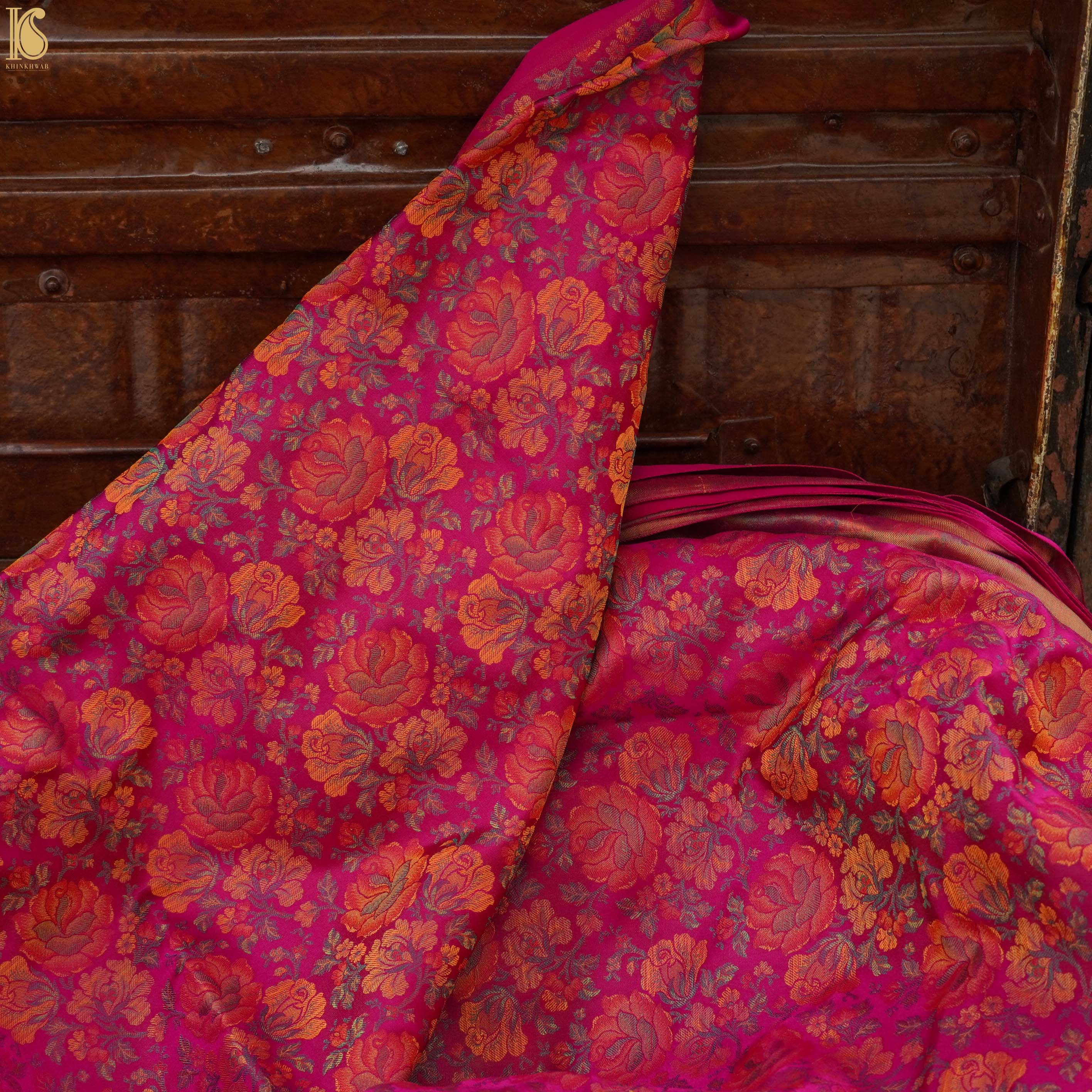 Handloom Banarasi Tanchoi Silk Rose Fabric
