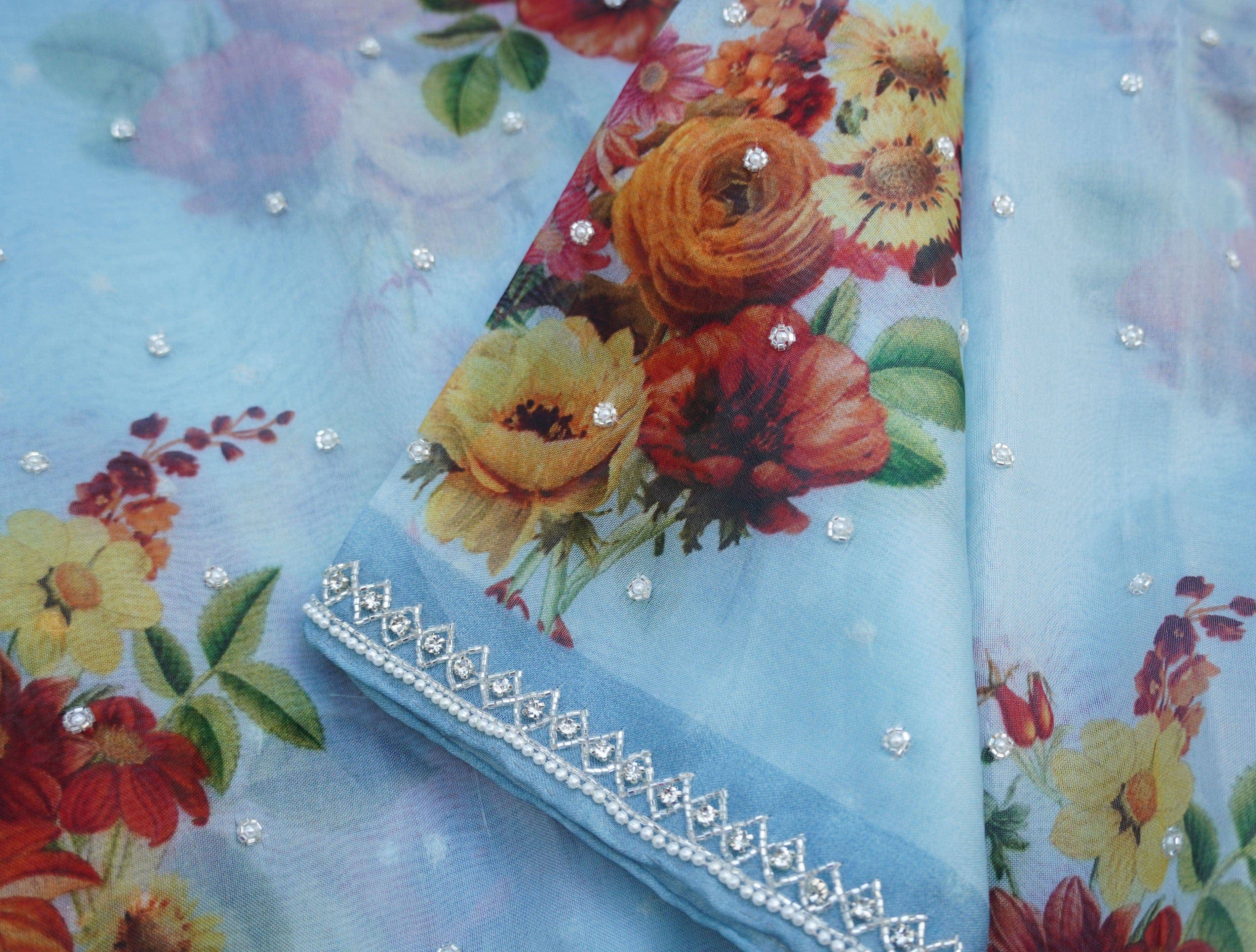 Organza Print Saree with Hand Embroidery