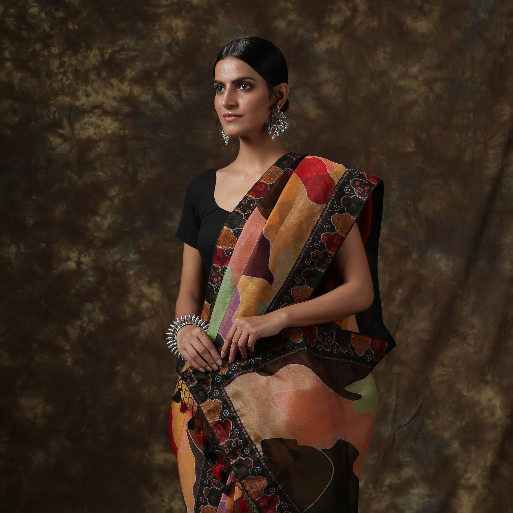 Organza Silk Print Multicolor Saree