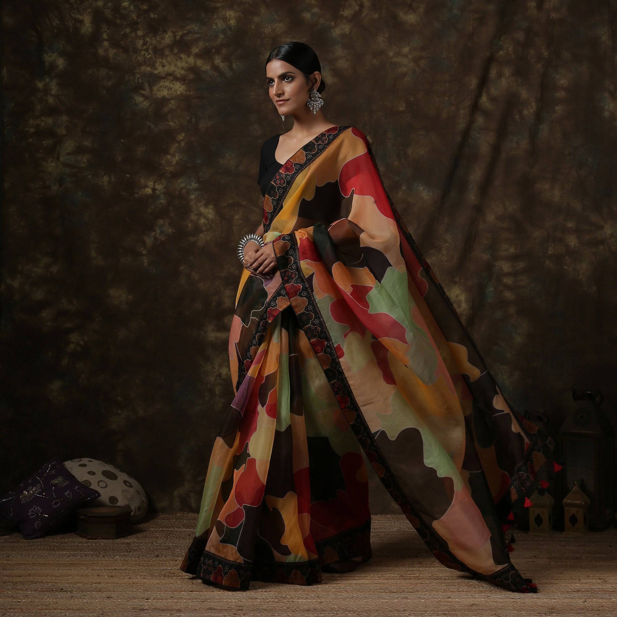 Organza Silk Print Multicolor Saree