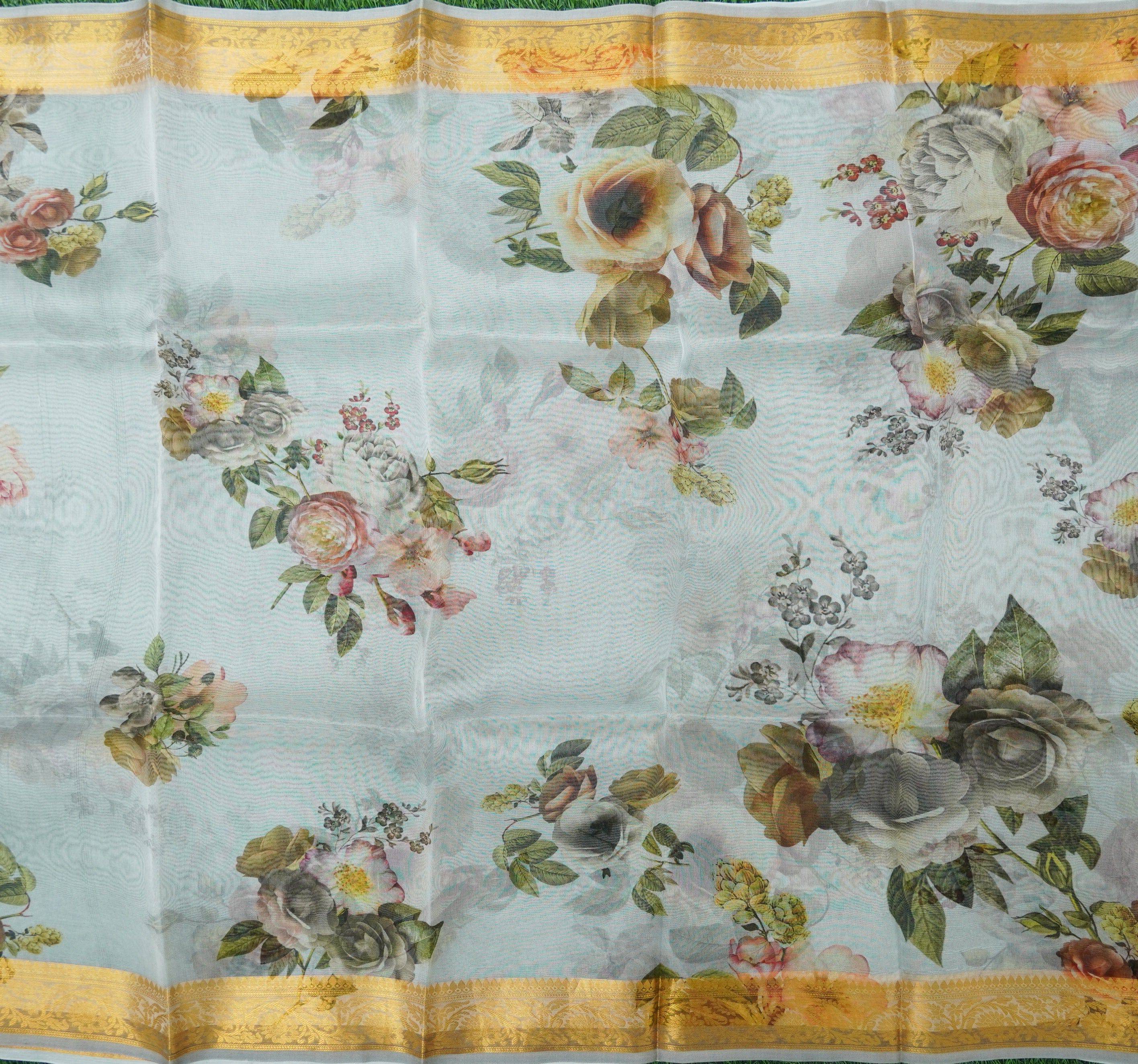Organza Floral Printed Dupatta with Banarasi Border