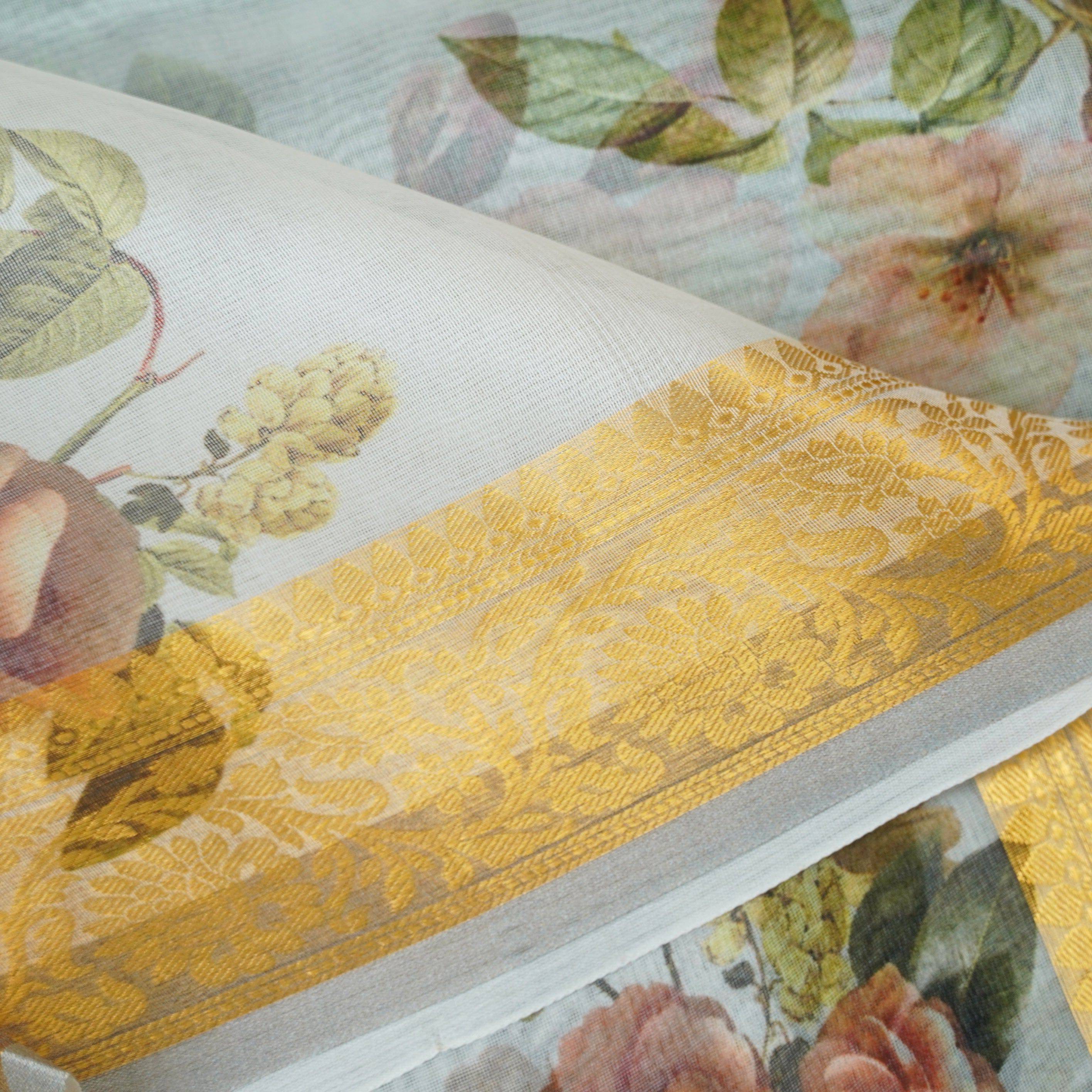 Organza Floral Printed Dupatta with Banarasi Border