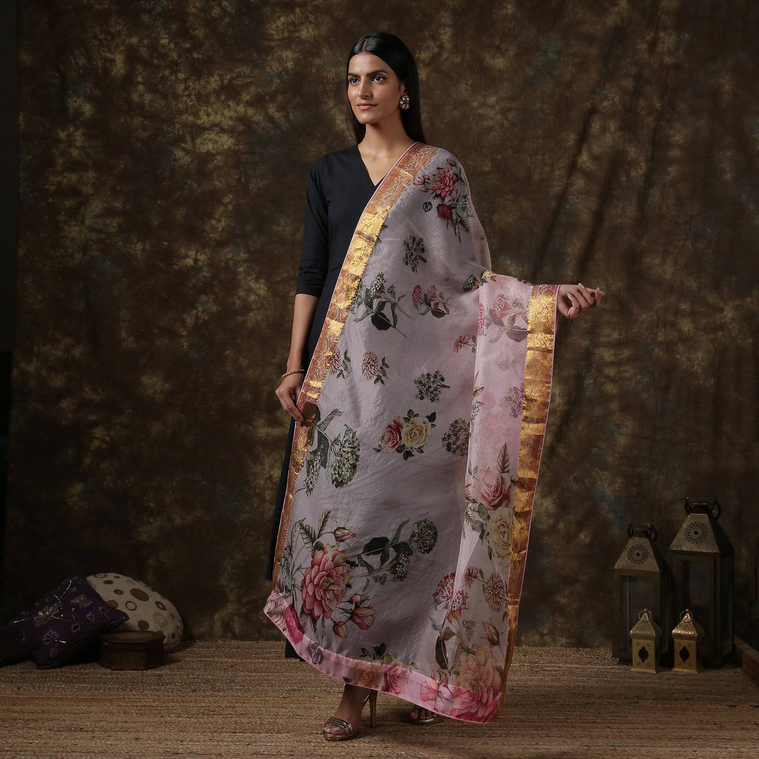 Organza Floral Printed Dupatta with Banarasi Border