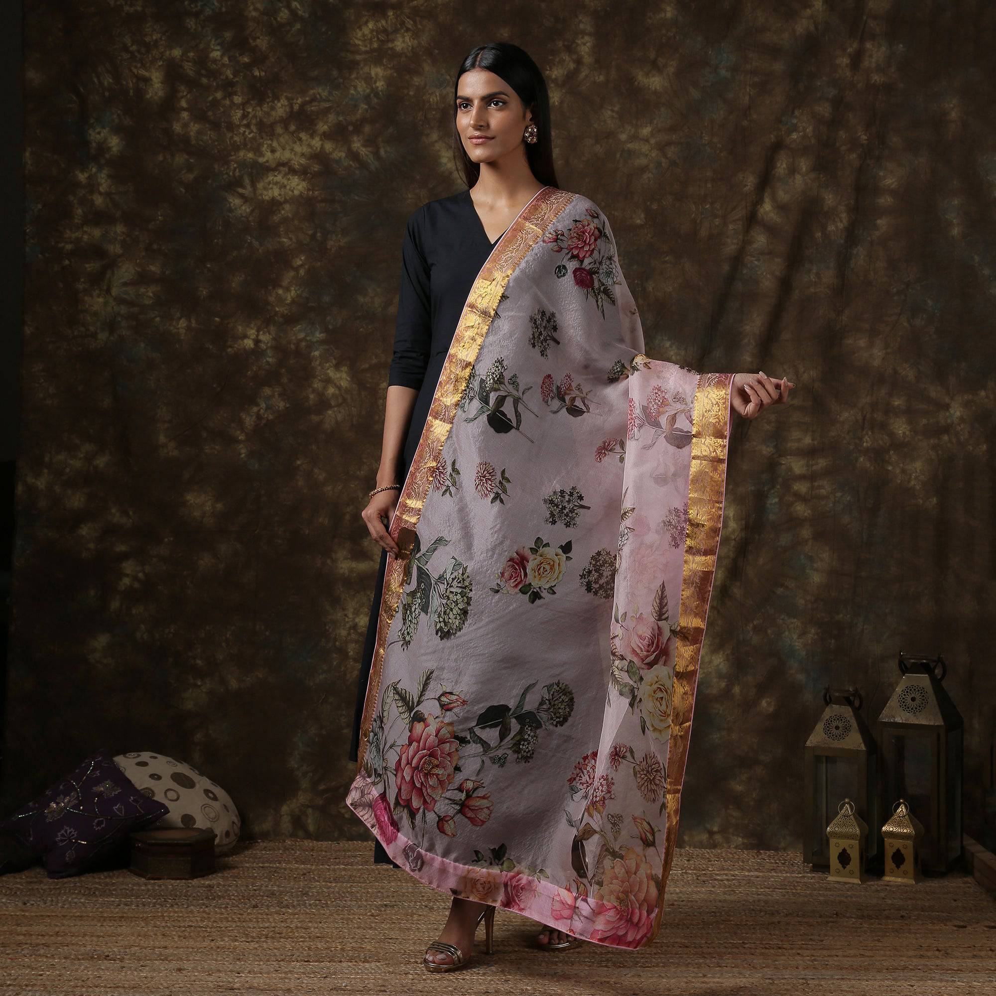 Organza Floral Printed Dupatta with Banarasi Border