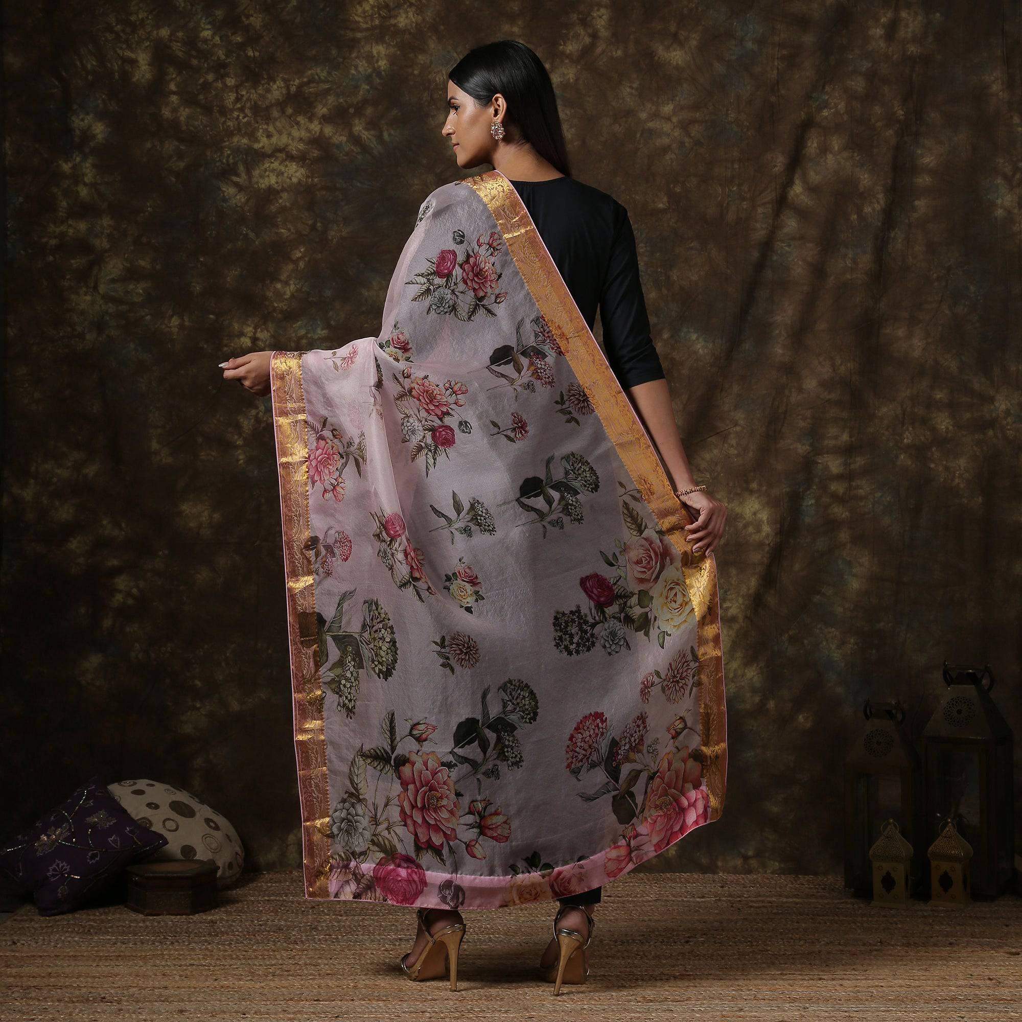 Organza Floral Printed Dupatta with Banarasi Border