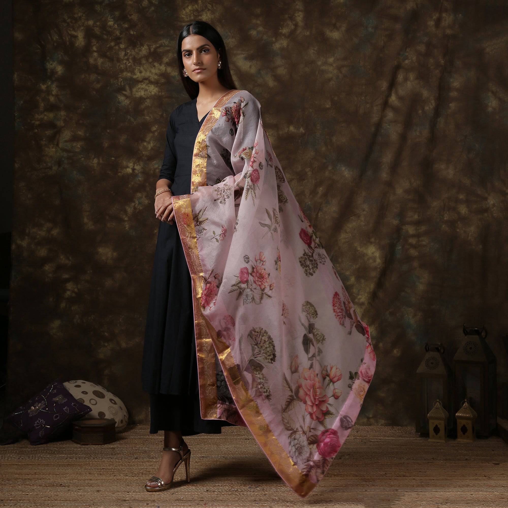 Organza Floral Printed Dupatta with Banarasi Border