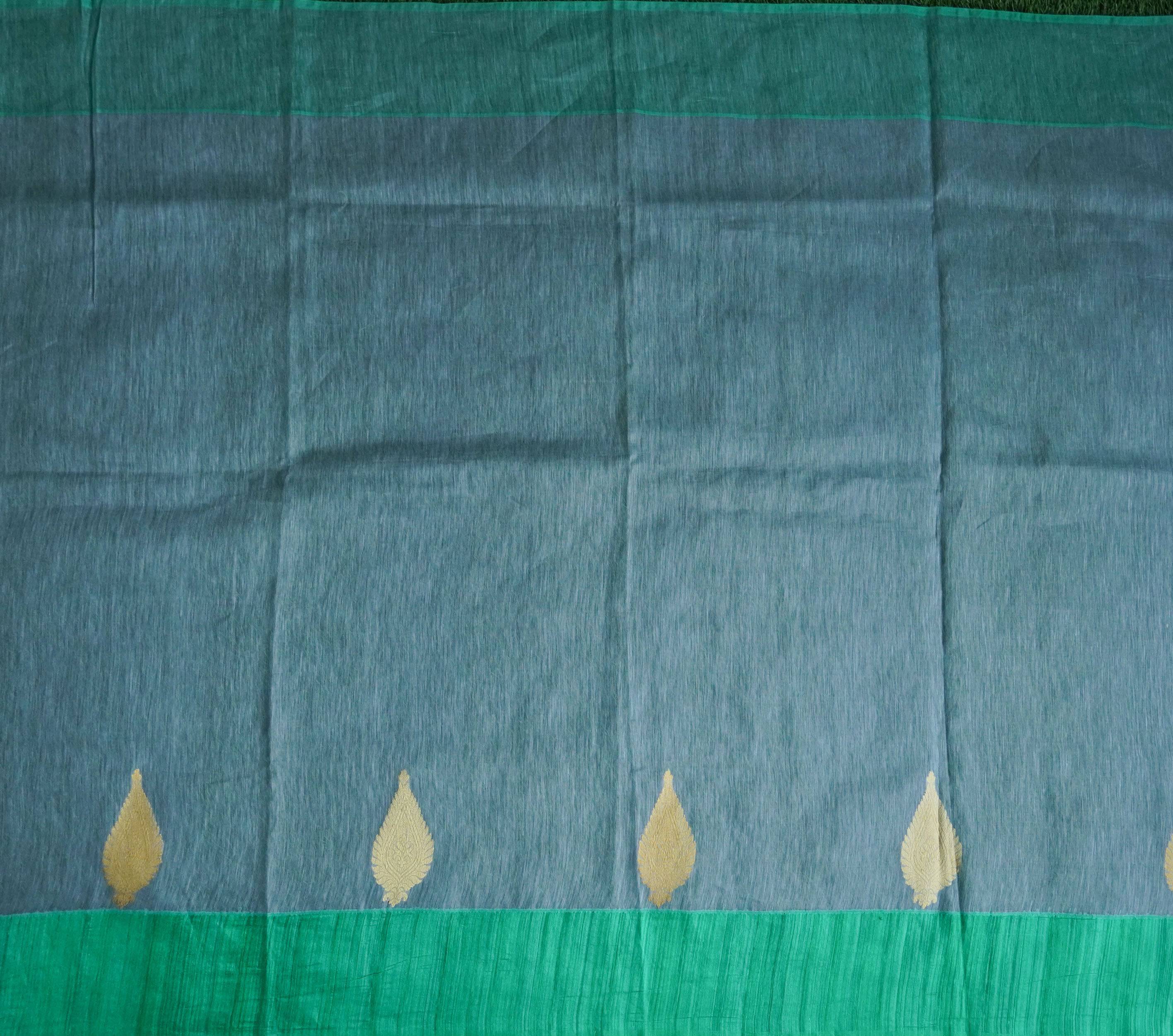 Green Pure Linen Handloom Banarasi Kadwa Fabric