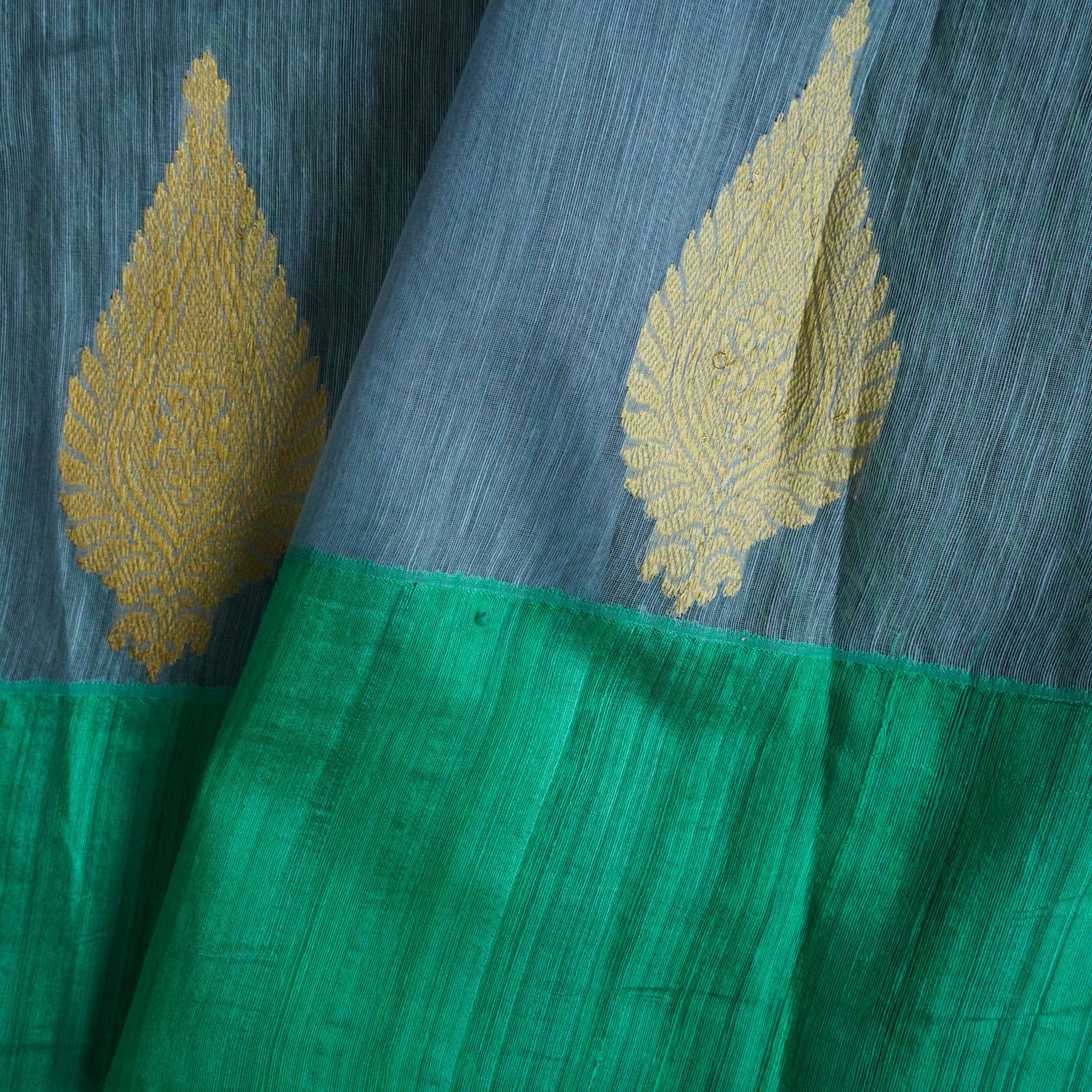 Green Pure Linen Handloom Banarasi Kadwa Fabric