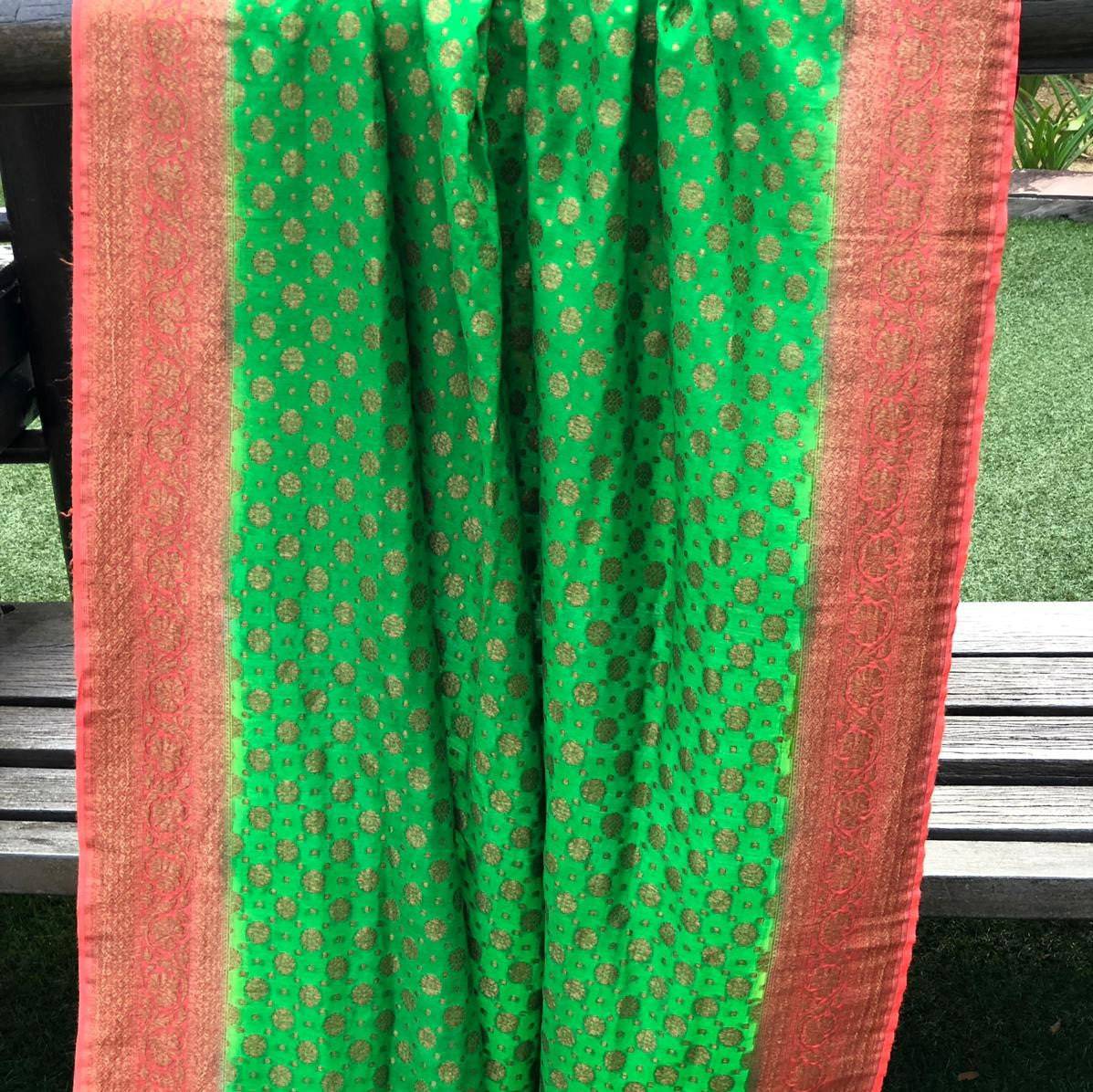 Green & Orange Pure Moonga Silk Handloom Banarasi Dupatta