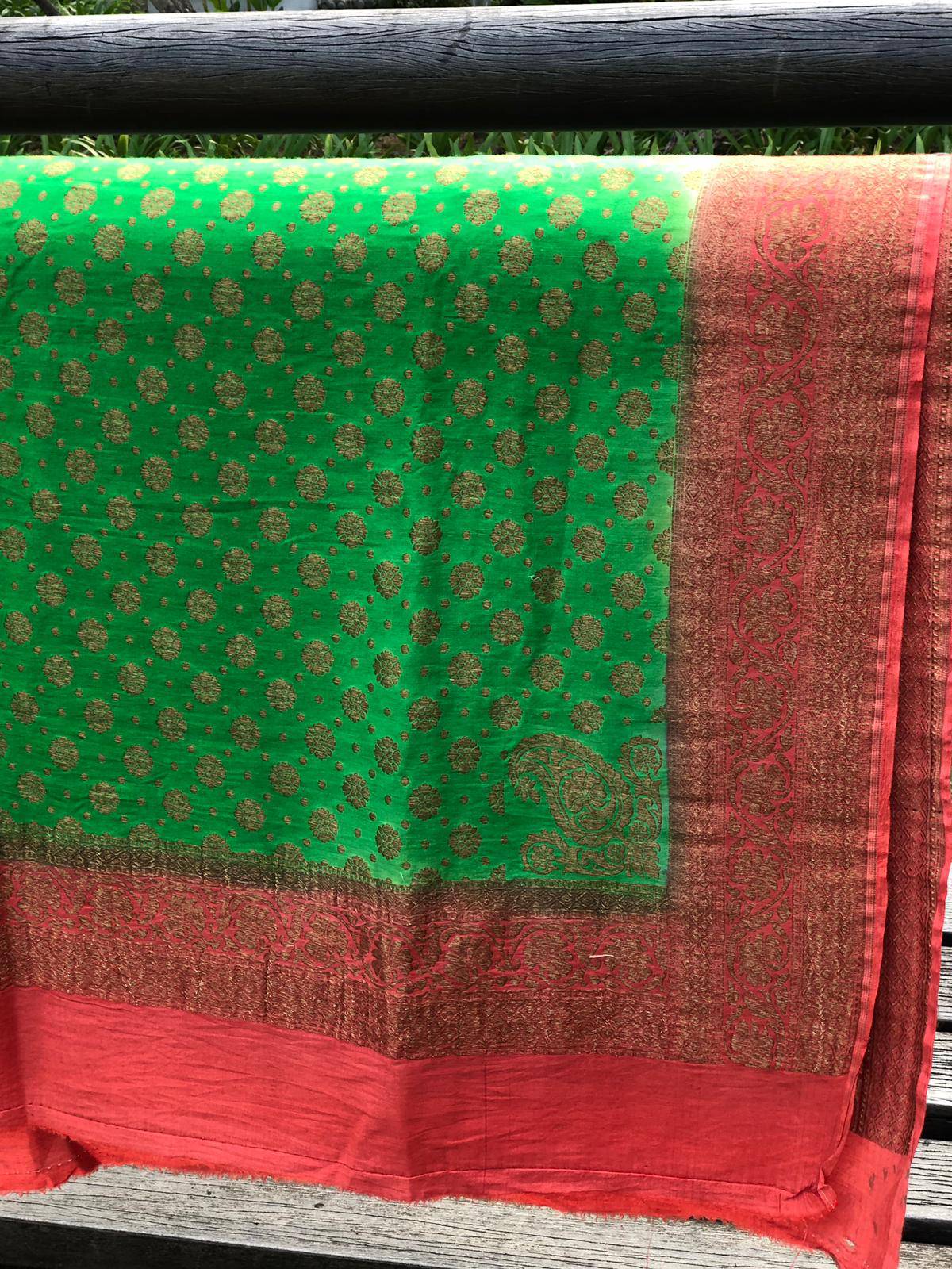 Green & Orange Pure Moonga Silk Handloom Banarasi Dupatta