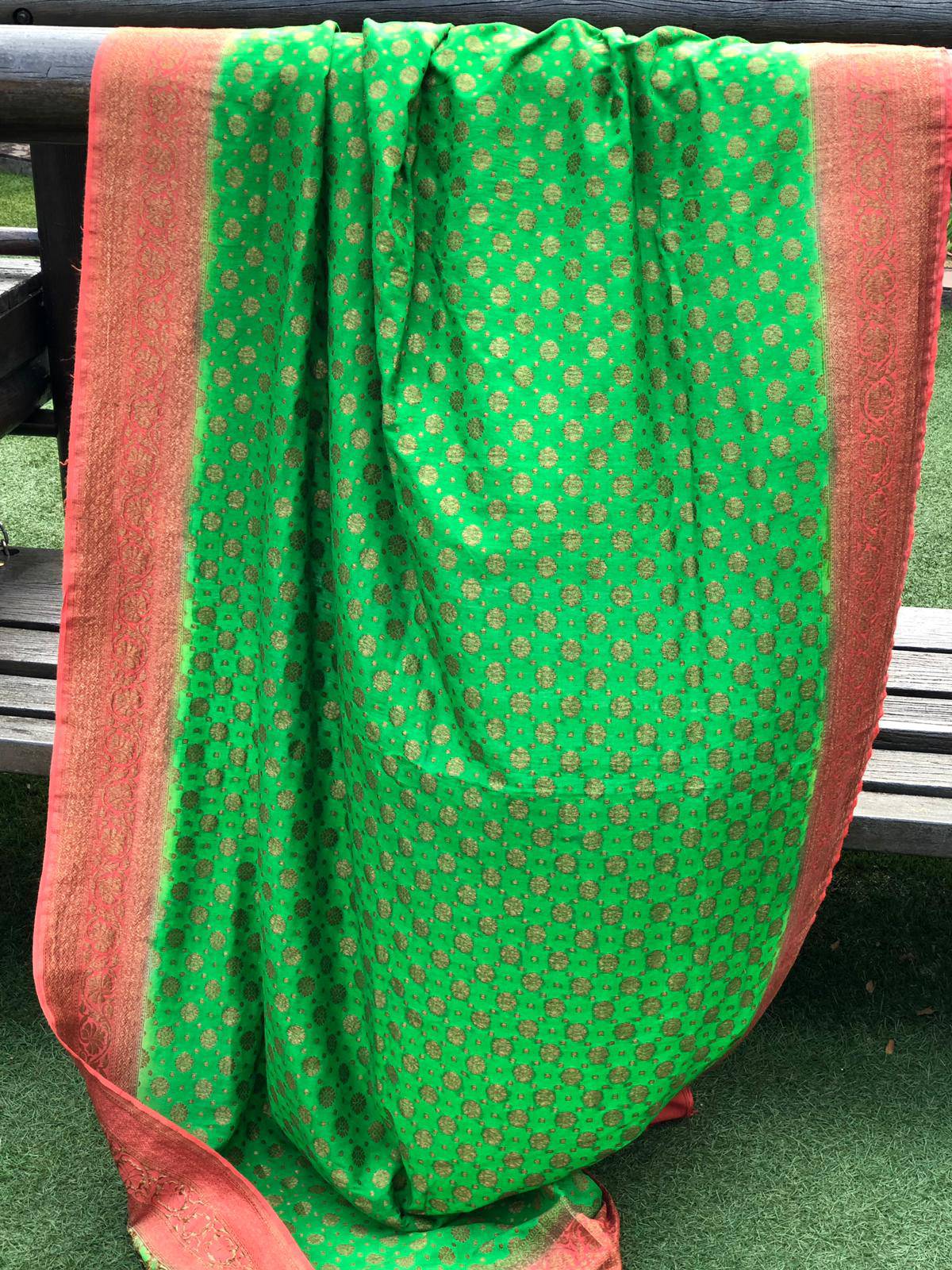 Green & Orange Pure Moonga Silk Handloom Banarasi Dupatta