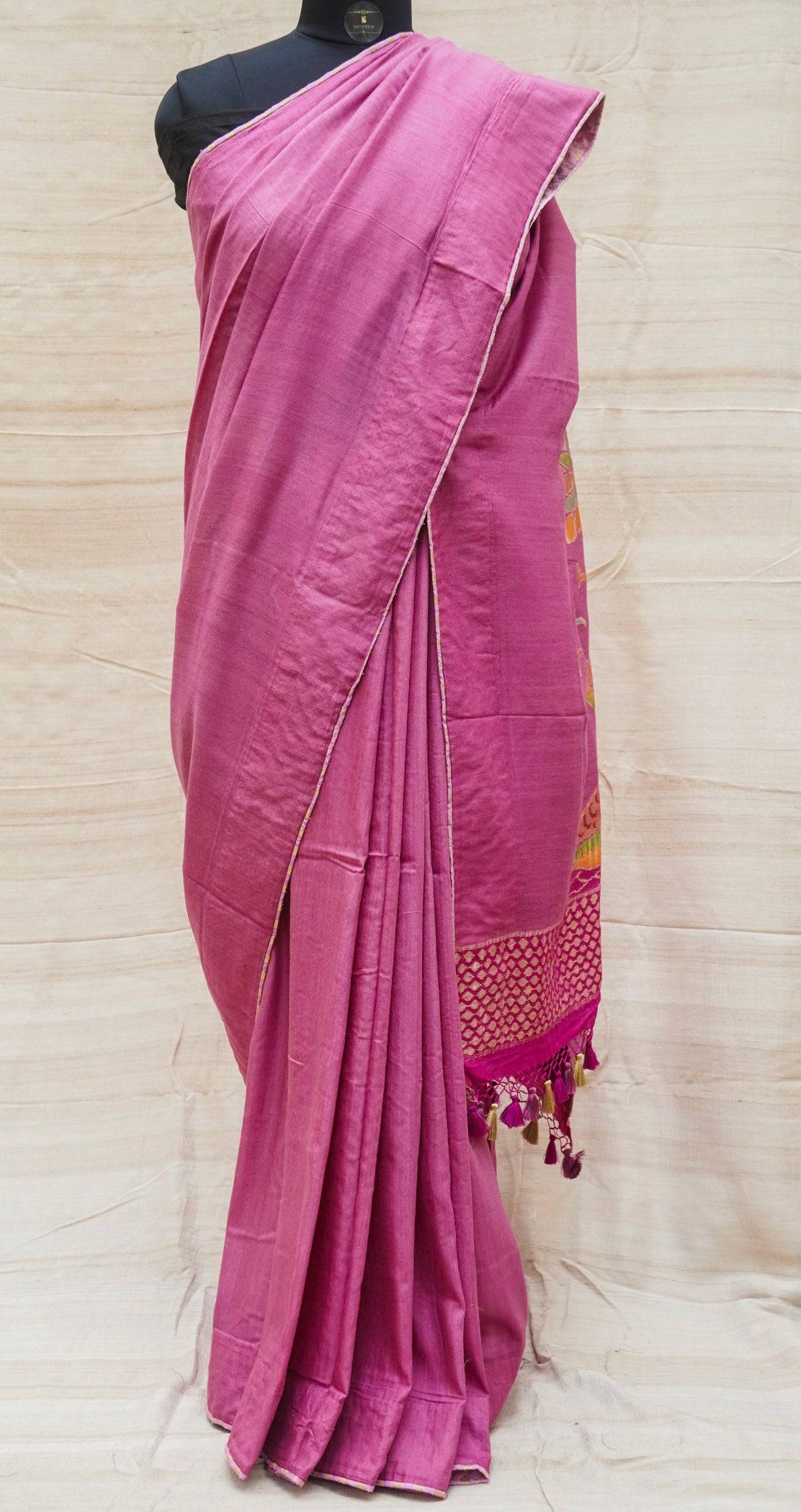 Handloom Banarasi Purple Moonga Silk Hand Brush Saree