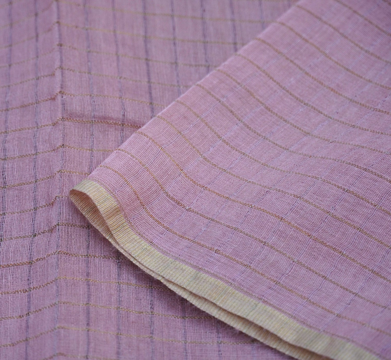 Pastel Pink Pure Moonga Silk Handloom Banarasi Check Fabric