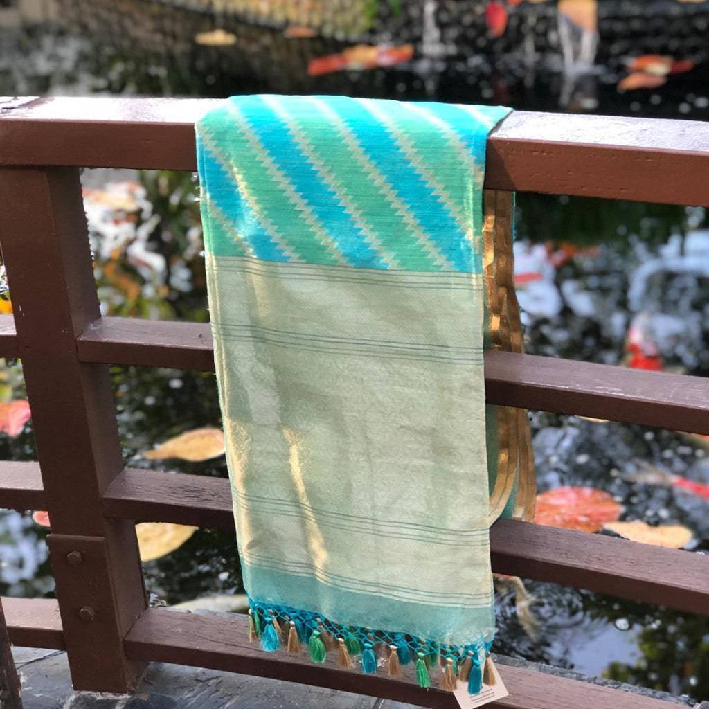 Seafoam Green & Blue Tissue Silk Handwoven Banarasi Dupatta