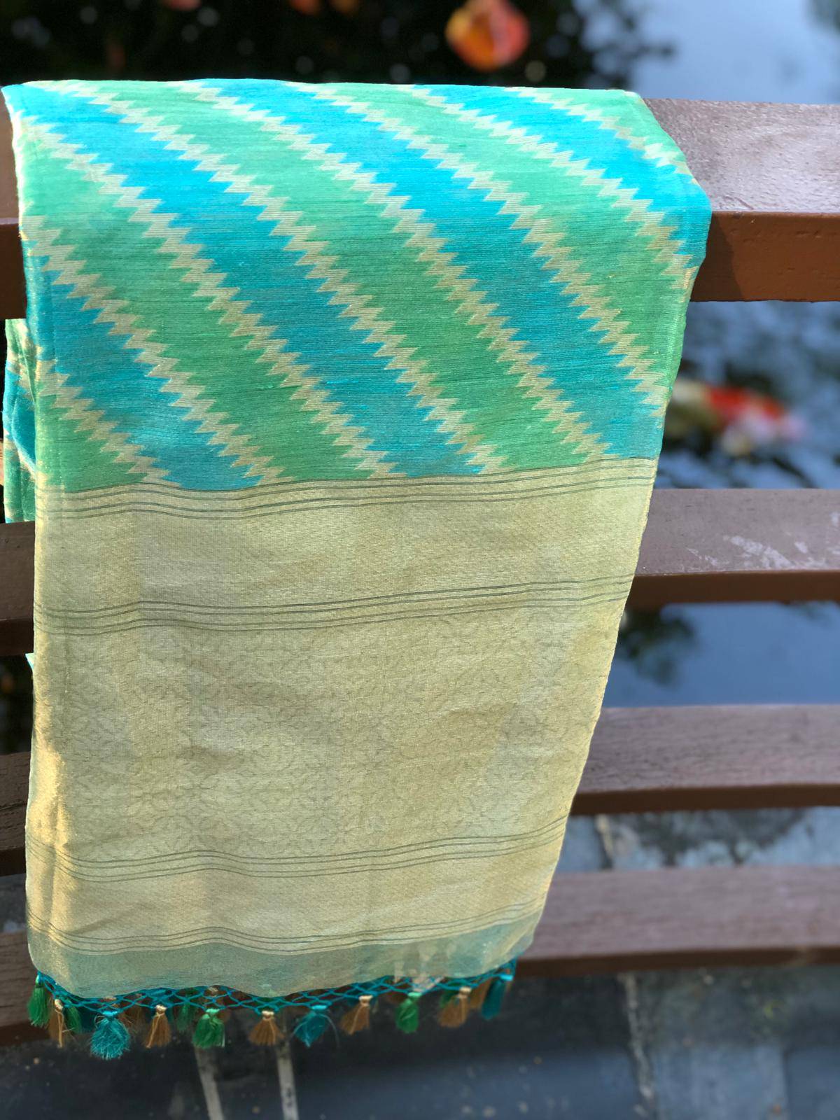 Seafoam Green & Blue Tissue Silk Handwoven Banarasi Dupatta