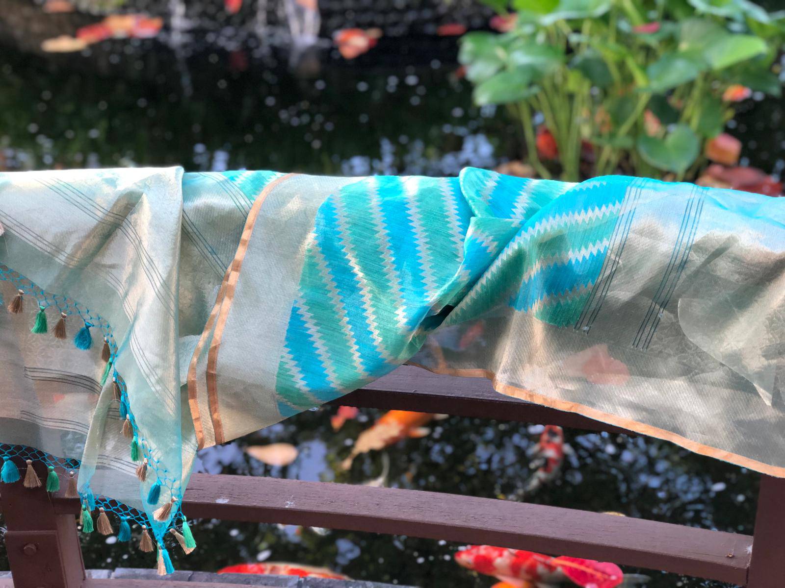 Seafoam Green & Blue Tissue Silk Handwoven Banarasi Dupatta