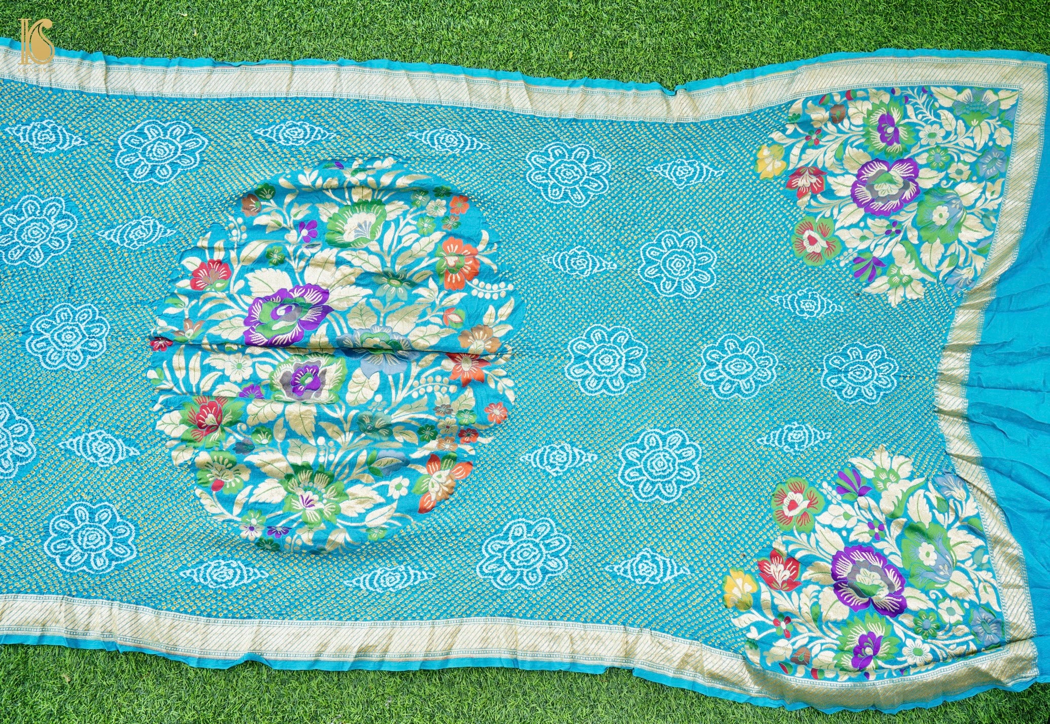Handwoven Banarasi Georgette Bandhani Dupatta with Floral Meenakari