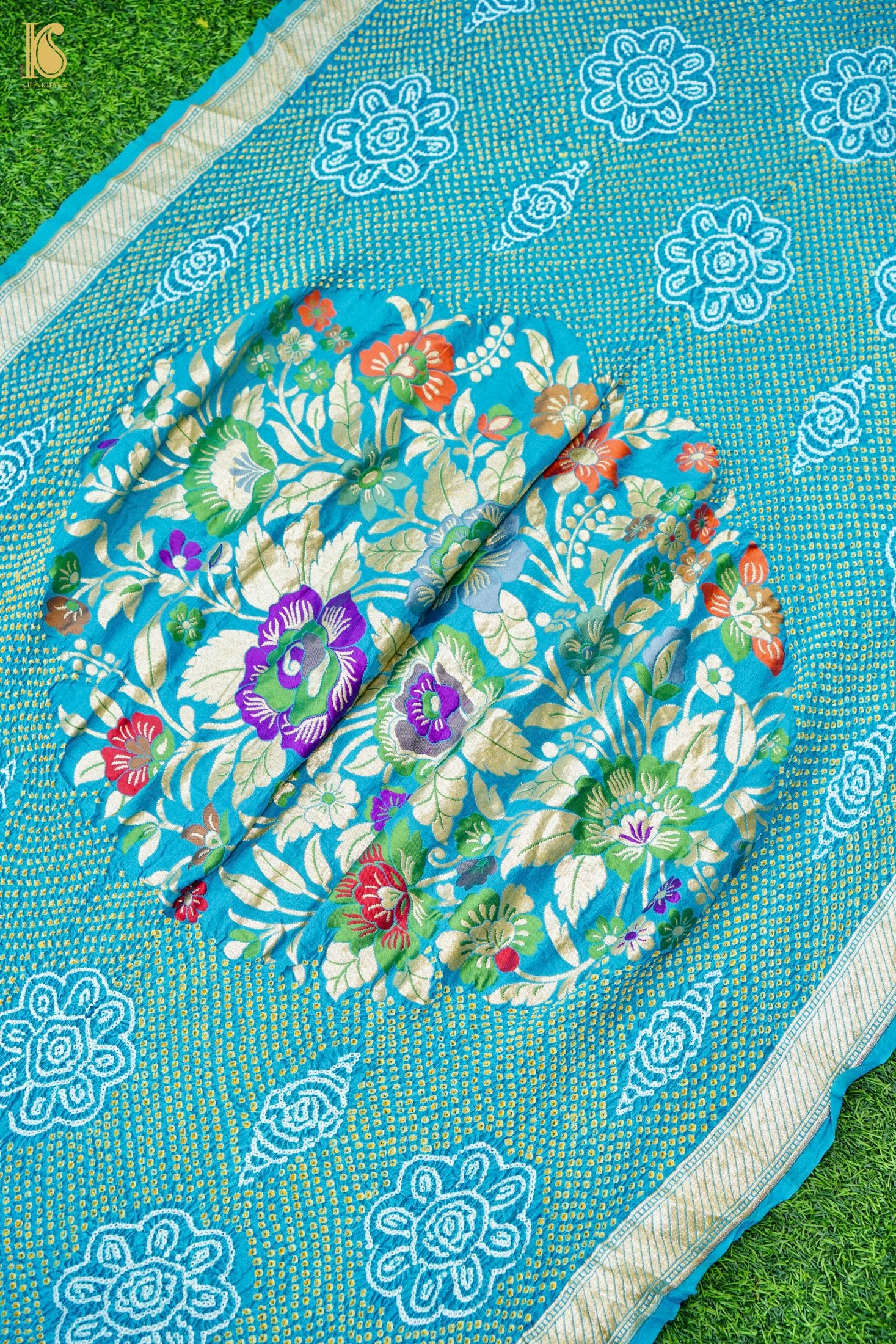 Handwoven Banarasi Georgette Bandhani Dupatta with Floral Meenakari