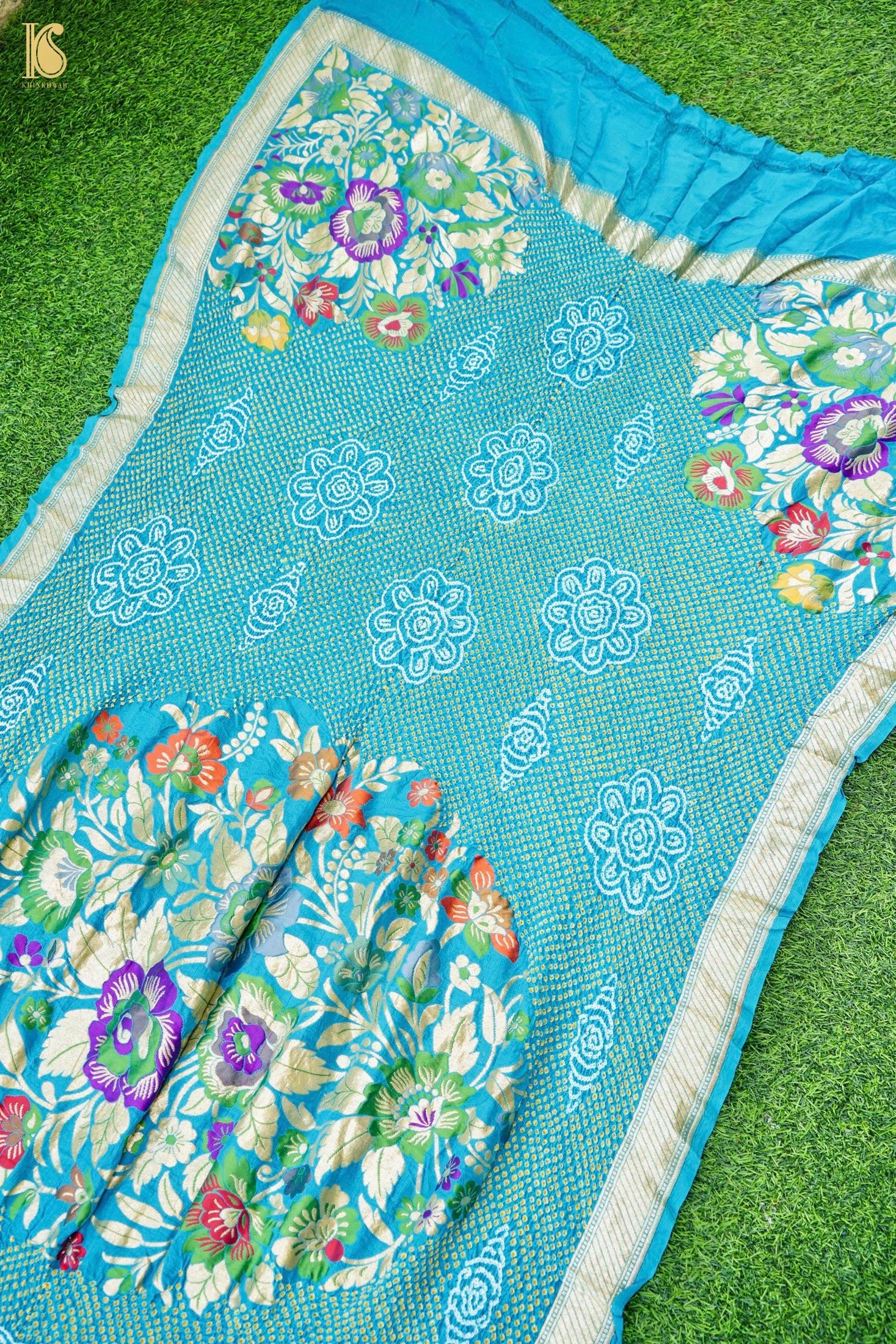 Handwoven Banarasi Georgette Bandhani Dupatta with Floral Meenakari