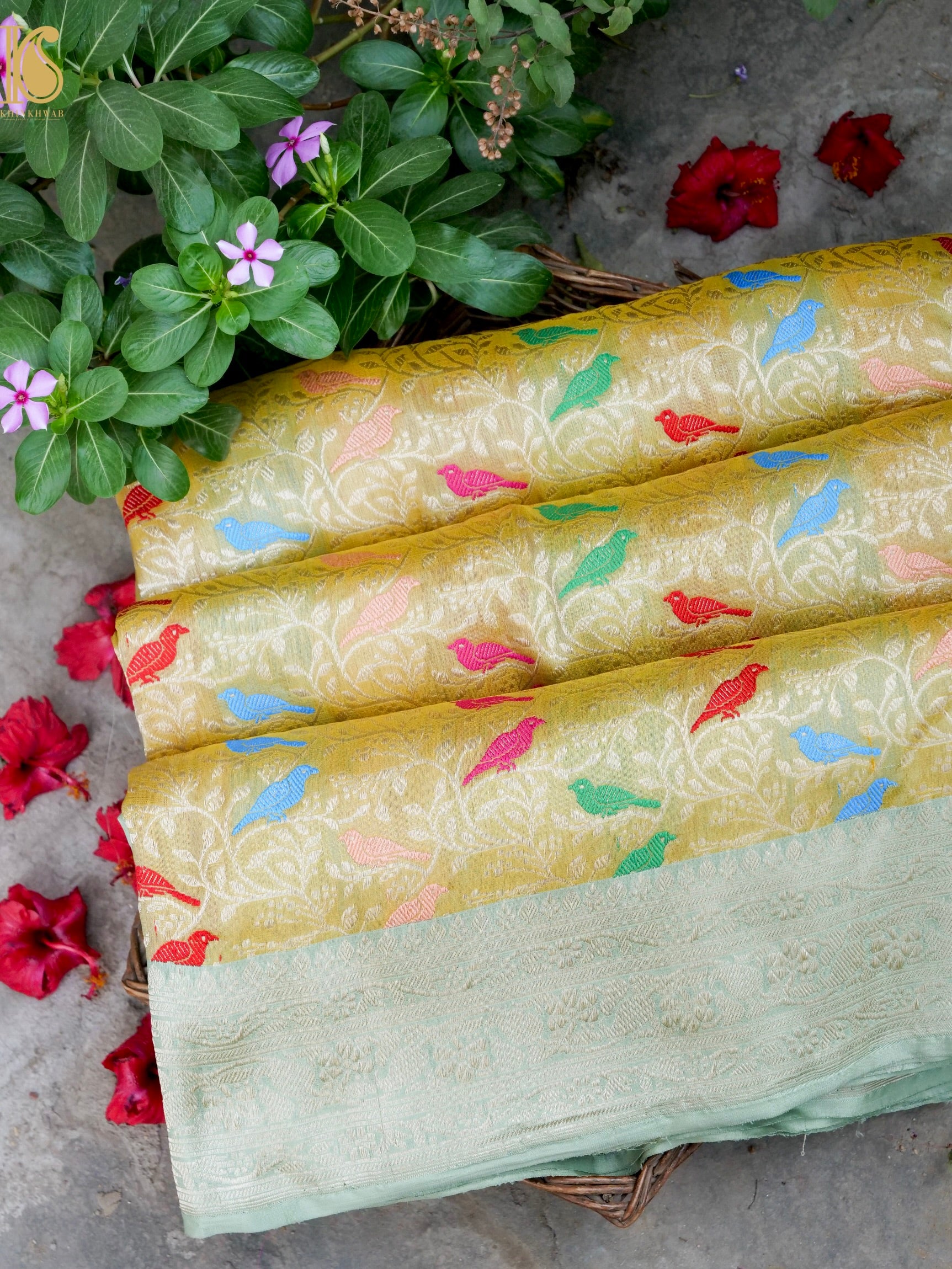 Handloom Banarasi Katan Silk Chidiya Saree with Contrast Border