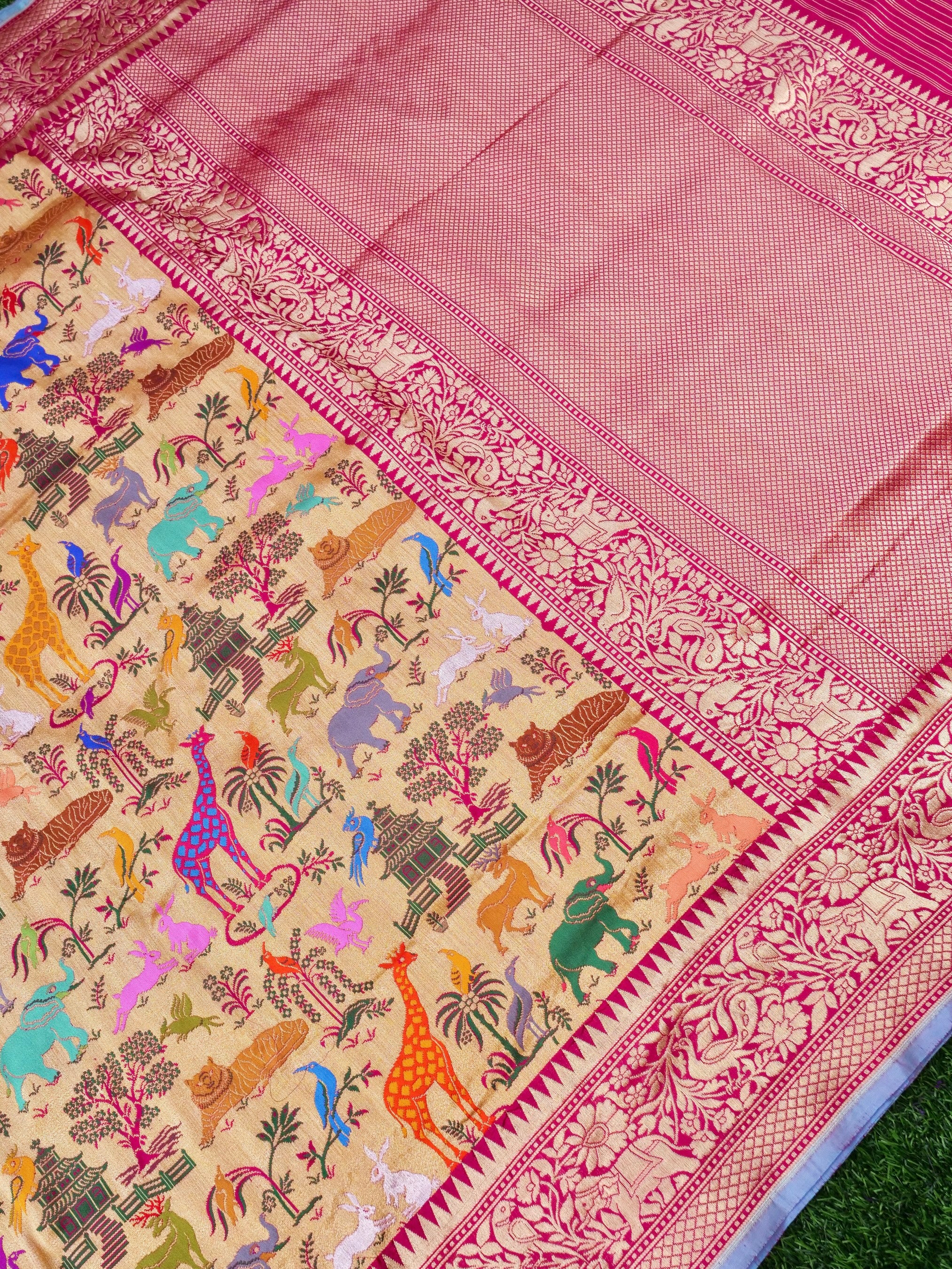 Handwoven Banarasi Katan Silk Kadwa Shikargah Saree