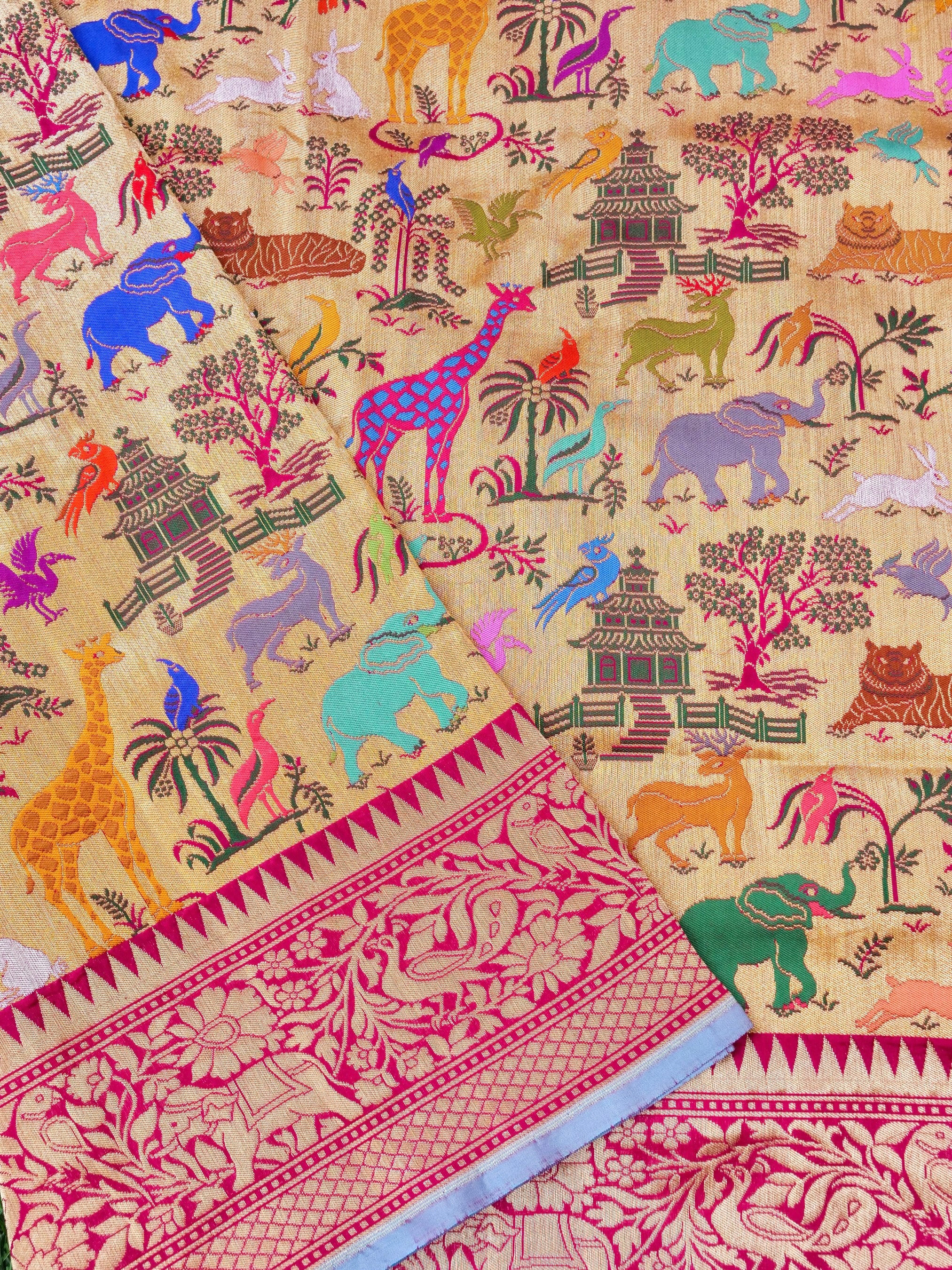 Handwoven Banarasi Katan Silk Kadwa Shikargah Saree