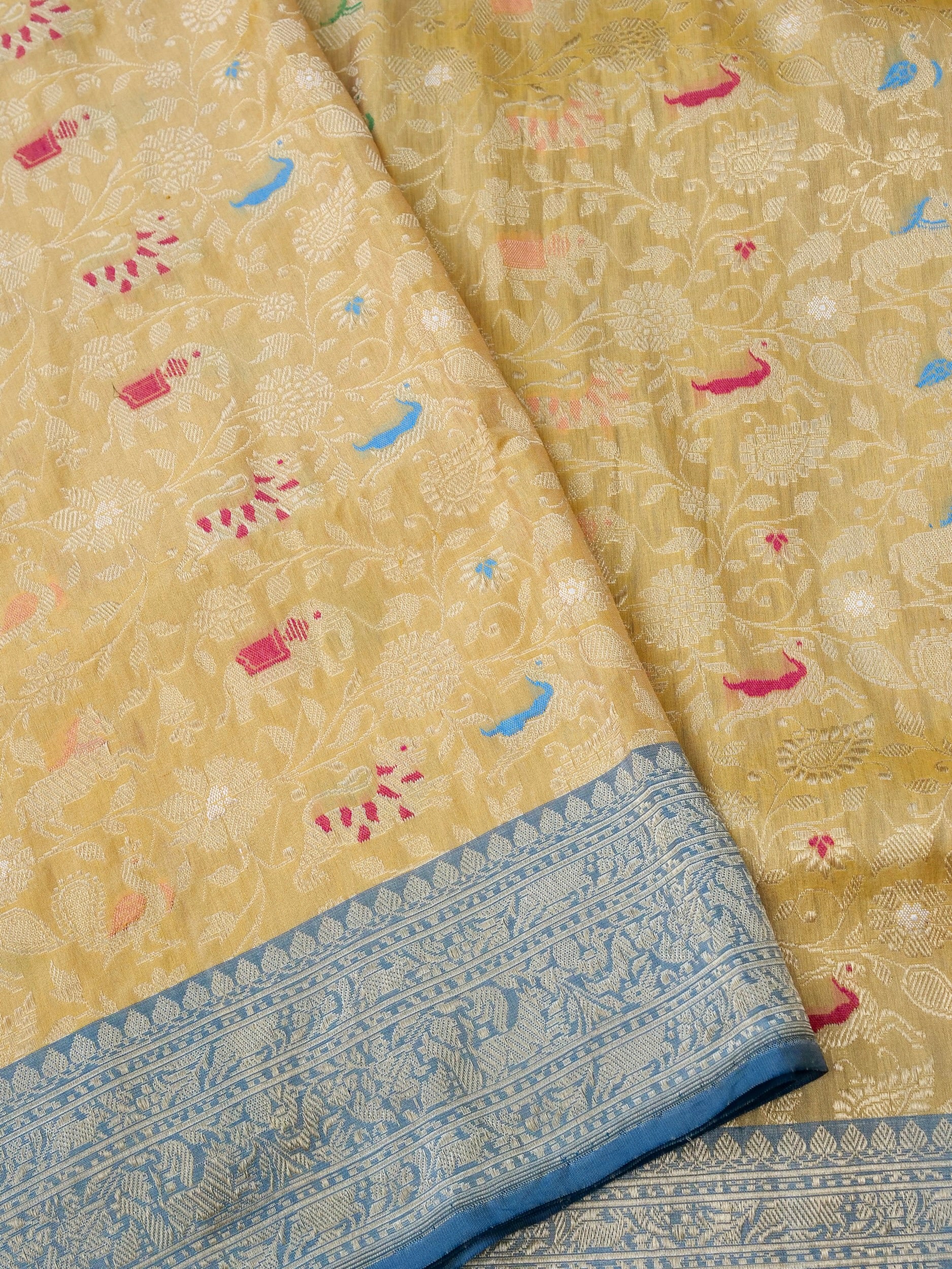 Handwoven Banarasi Katan Silk Shikargah Saree with Contrast Border