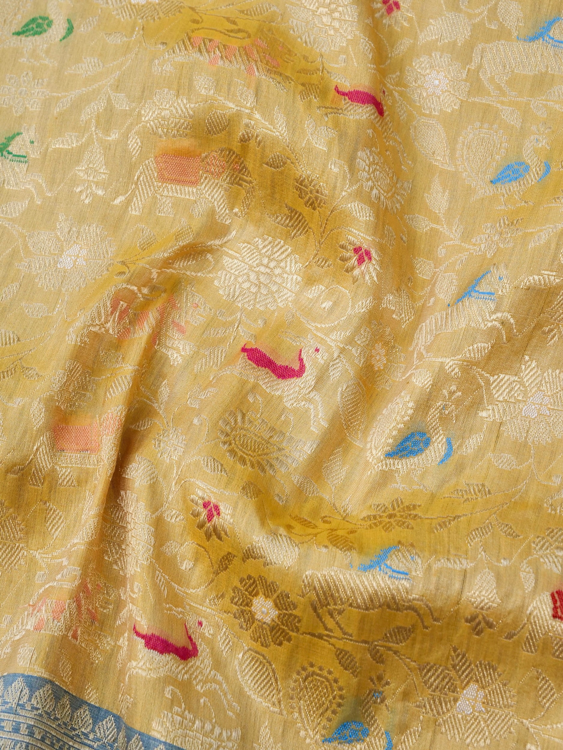 Handwoven Banarasi Katan Silk Shikargah Saree with Contrast Border