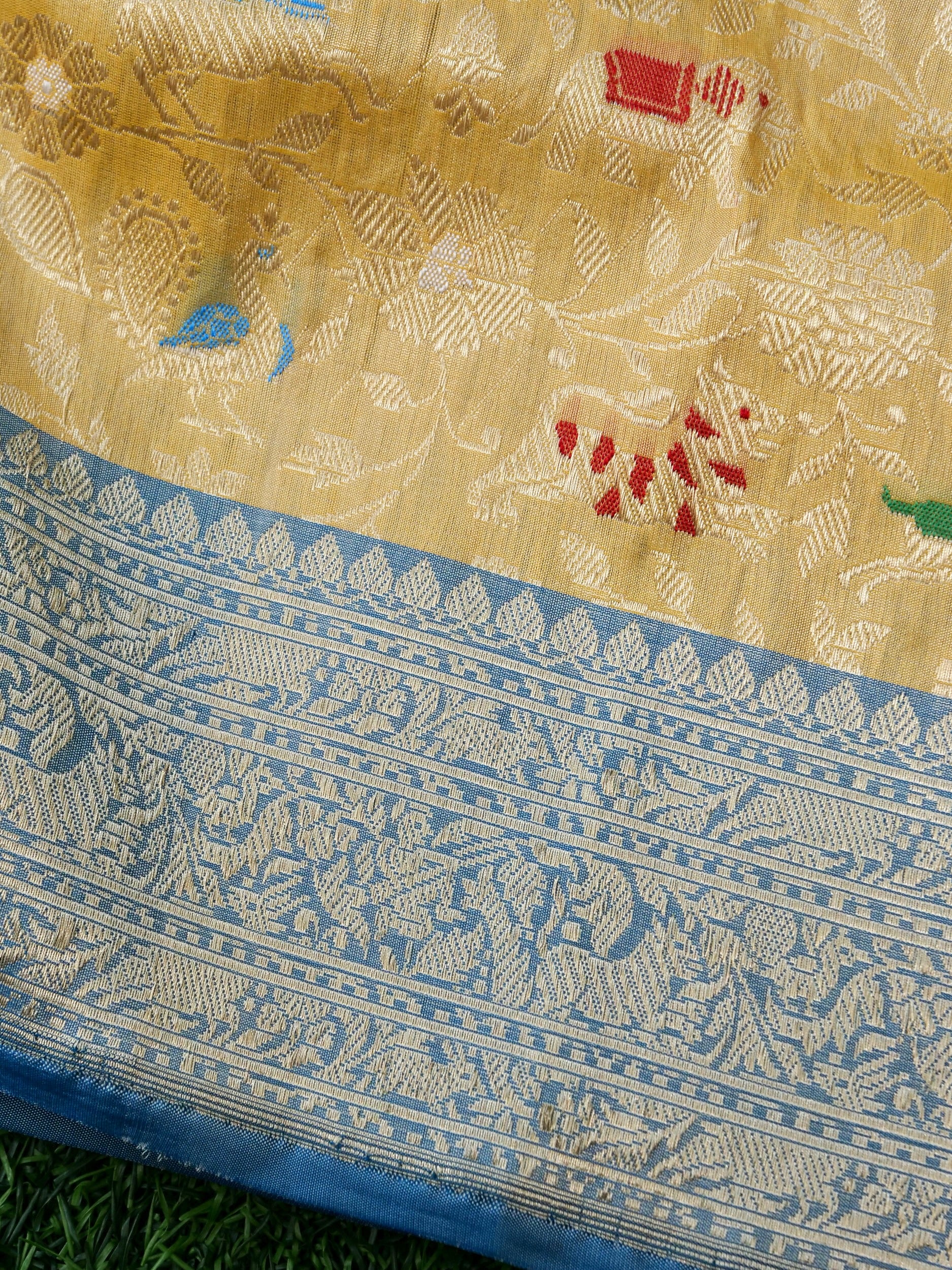 Handwoven Banarasi Katan Silk Shikargah Saree with Contrast Border