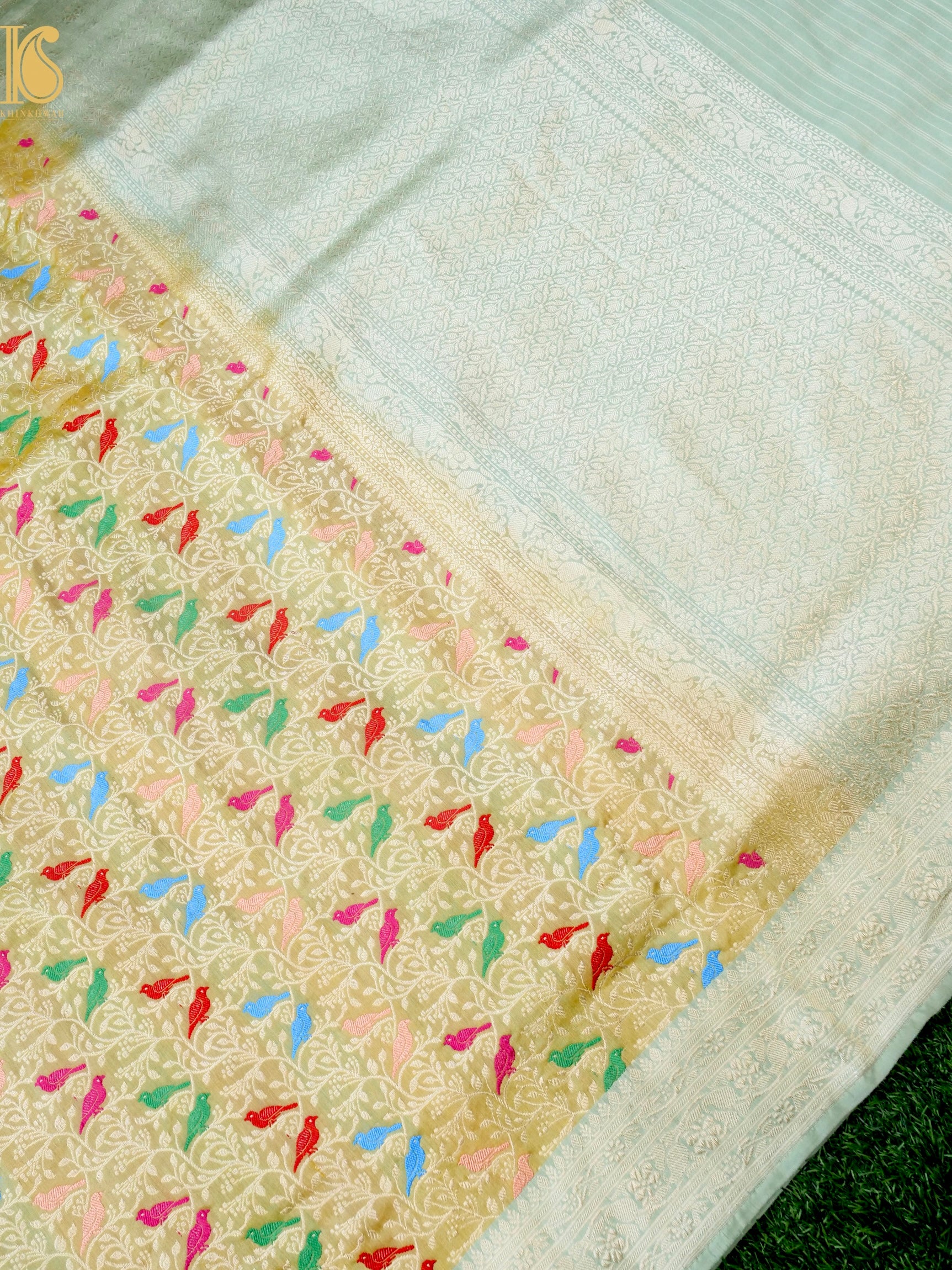 Handloom Banarasi Katan Silk Chidiya Saree with Contrast Border