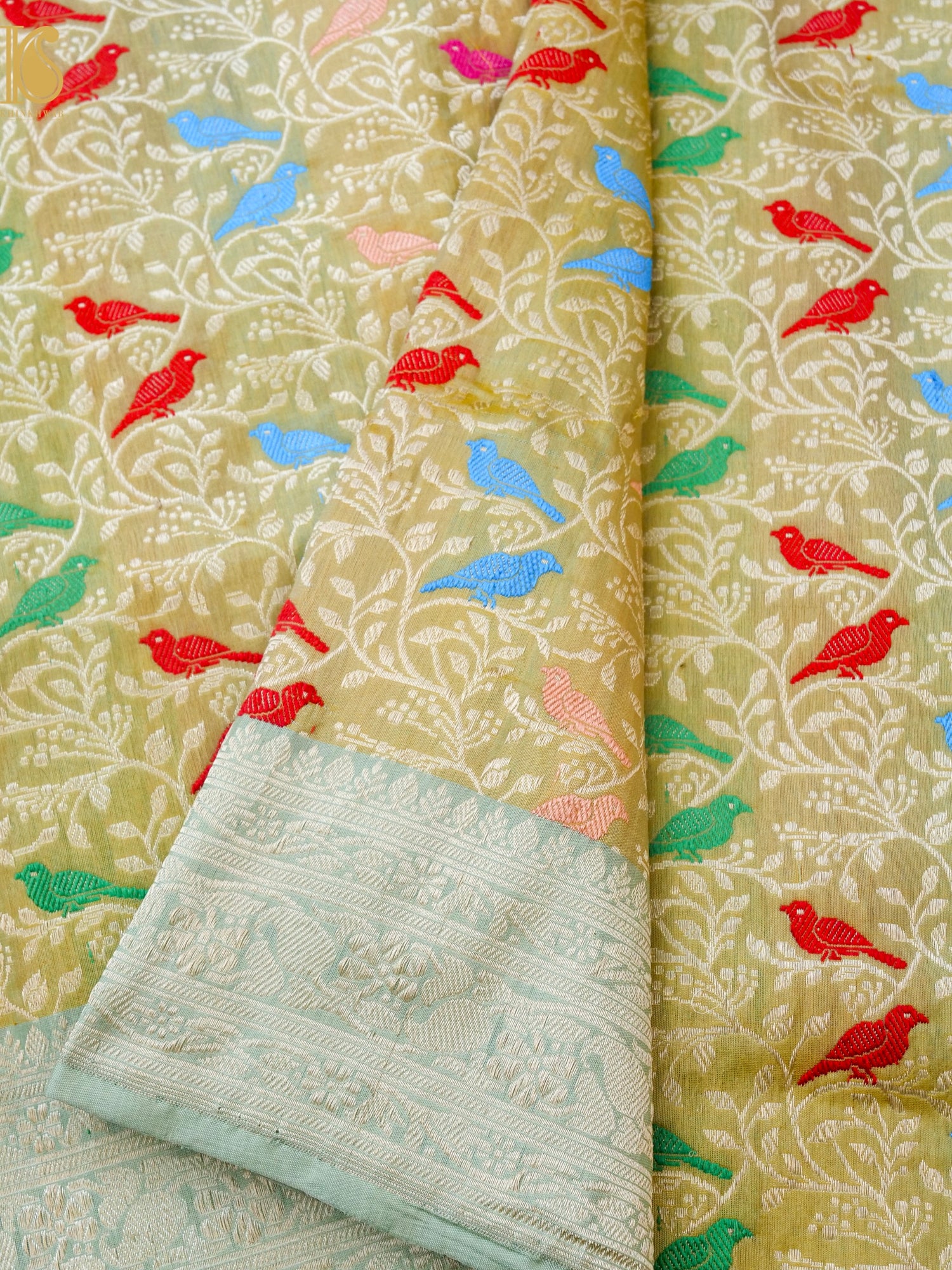 Handloom Banarasi Katan Silk Chidiya Saree with Contrast Border