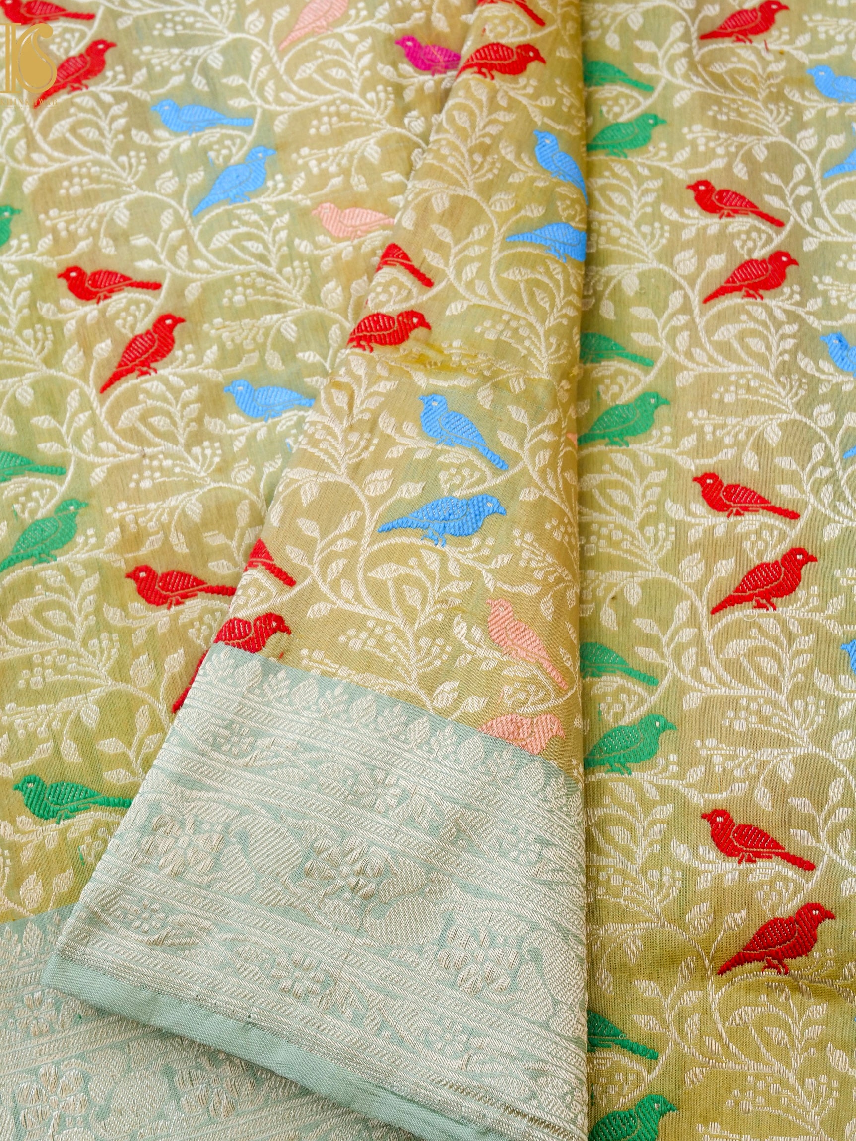Handloom Banarasi Katan Silk Chidiya Saree with Contrast Border