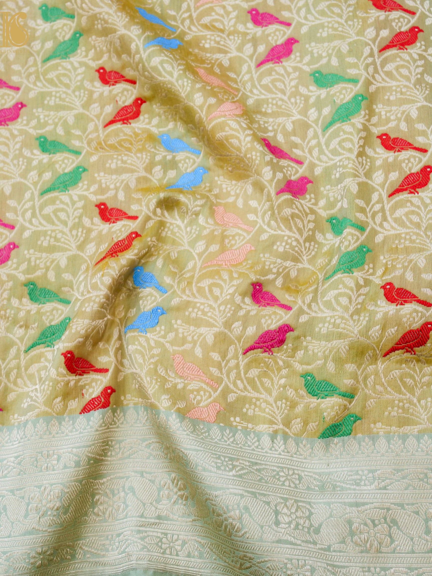 Handloom Banarasi Katan Silk Chidiya Saree with Contrast Border