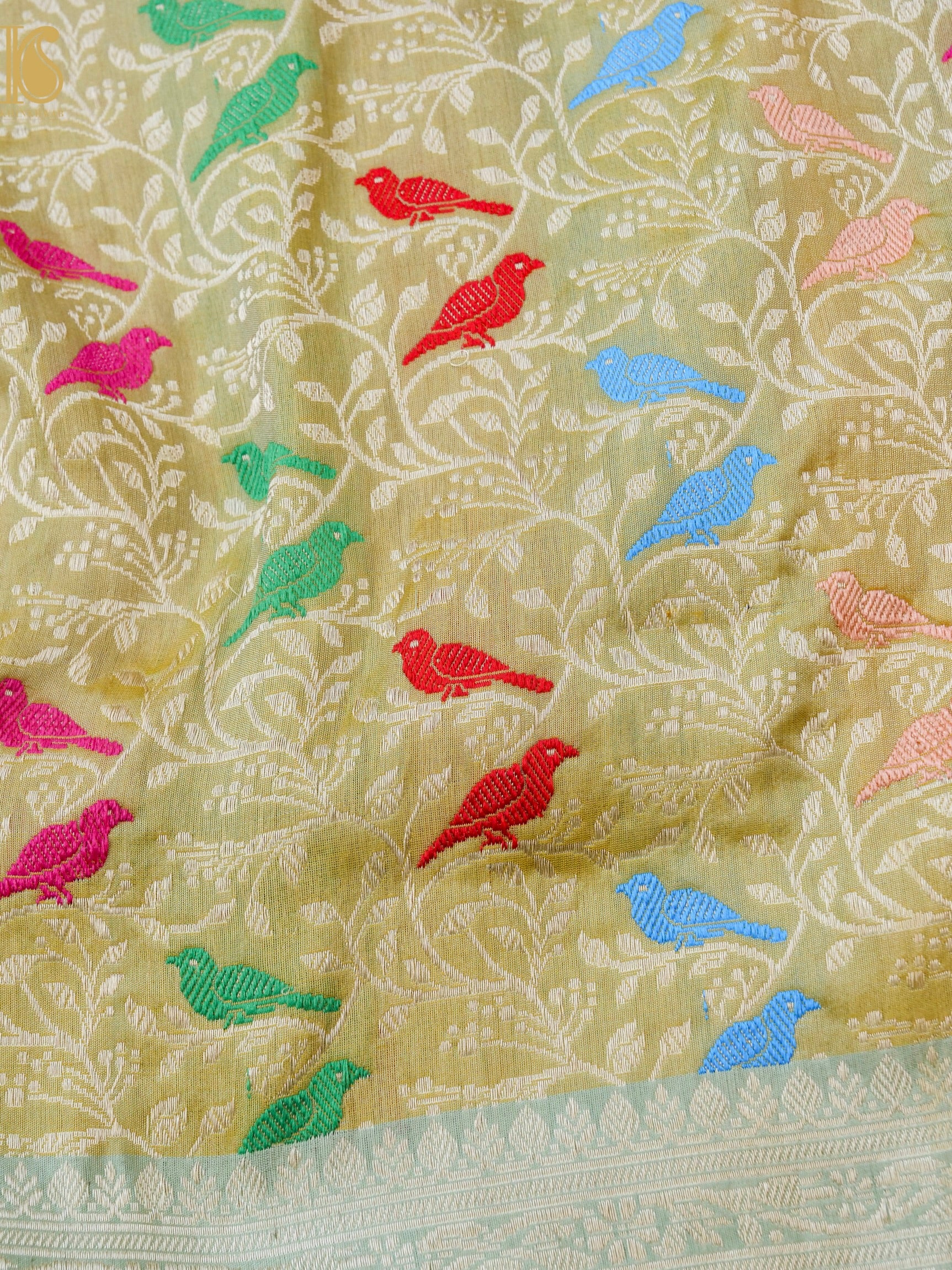 Handloom Banarasi Katan Silk Chidiya Saree with Contrast Border