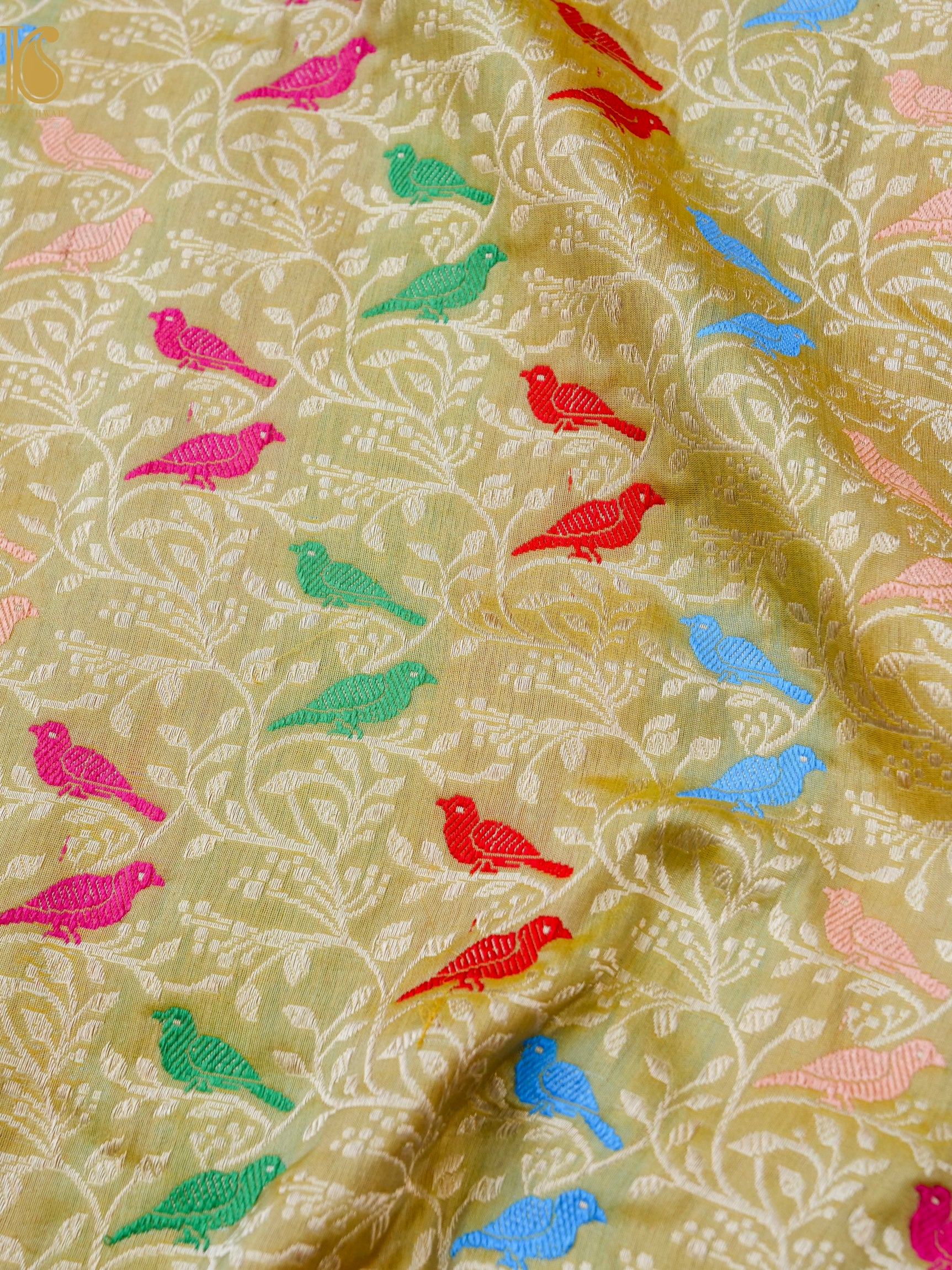 Handloom Banarasi Katan Silk Chidiya Saree with Contrast Border