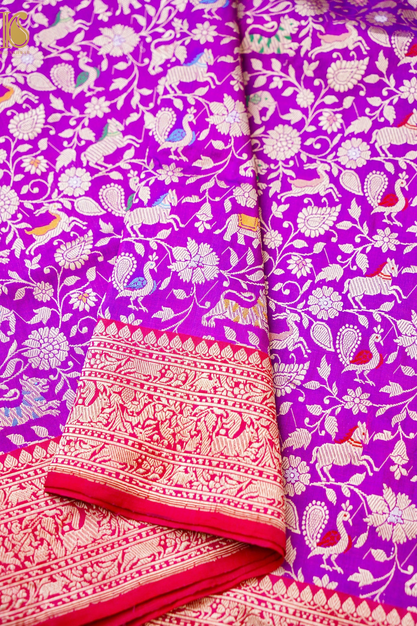 Handwoven Banarasi Katan Silk Shikargah Saree with Contrast Border