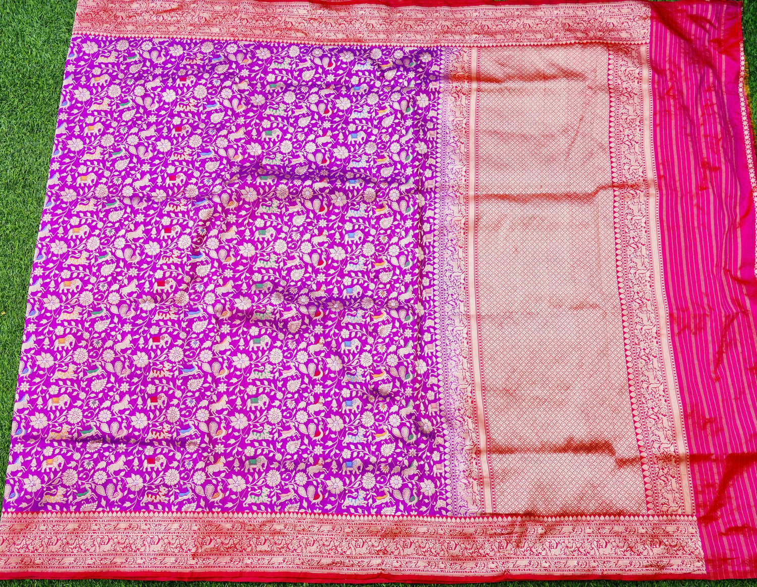 Handwoven Banarasi Katan Silk Shikargah Saree with Contrast Border