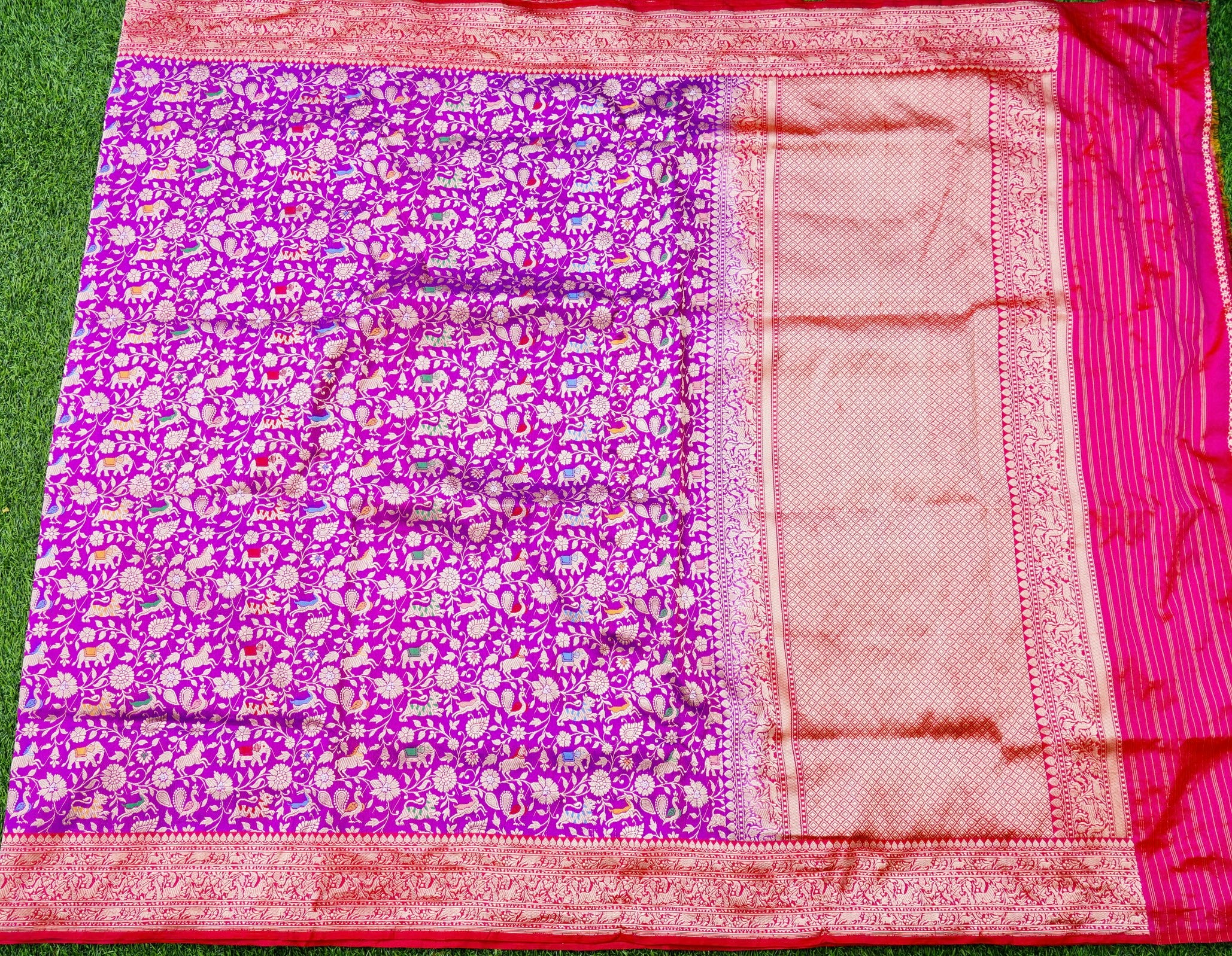 Handwoven Banarasi Katan Silk Shikargah Saree with Contrast Border