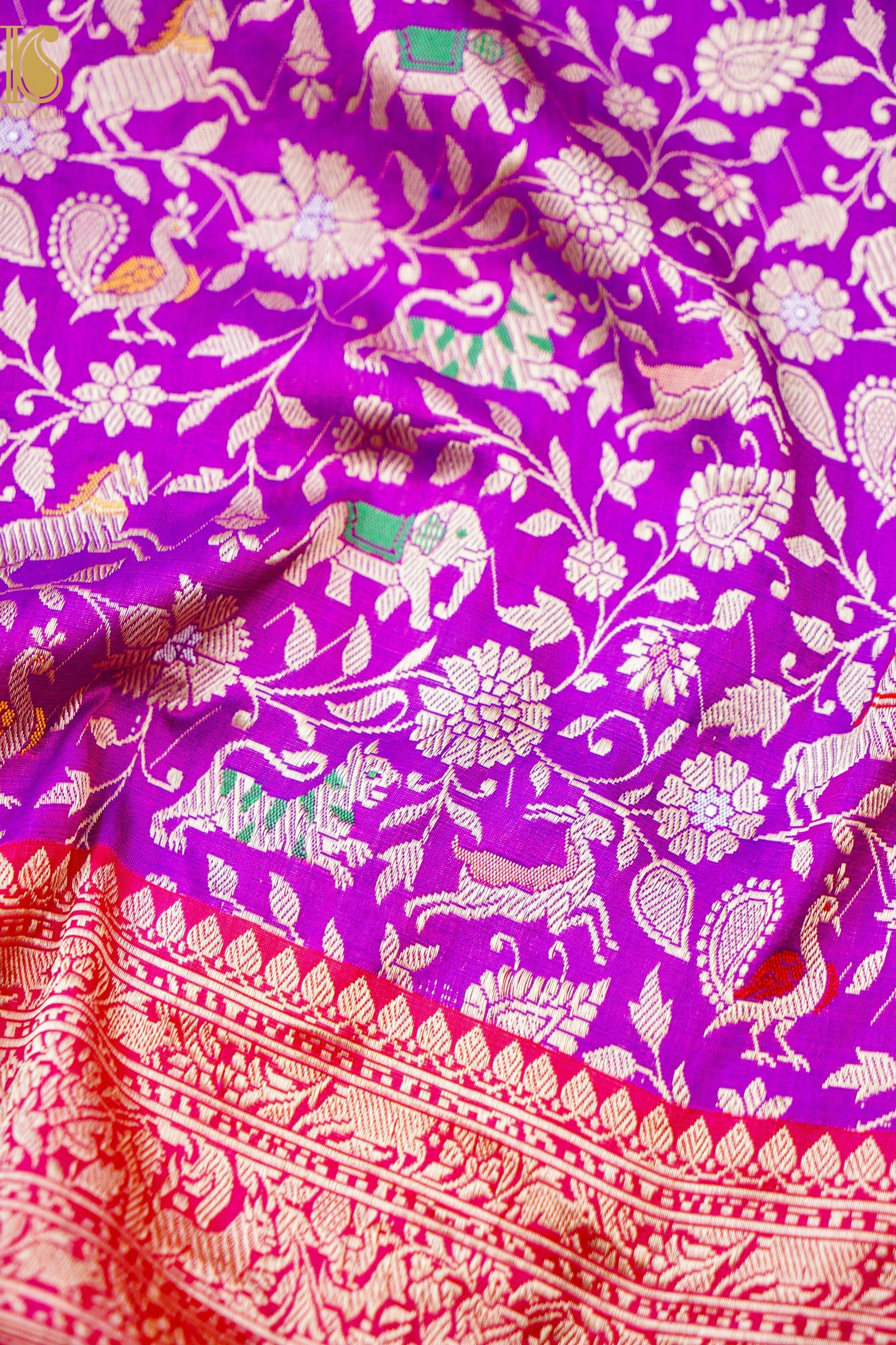 Handwoven Banarasi Katan Silk Shikargah Saree with Contrast Border