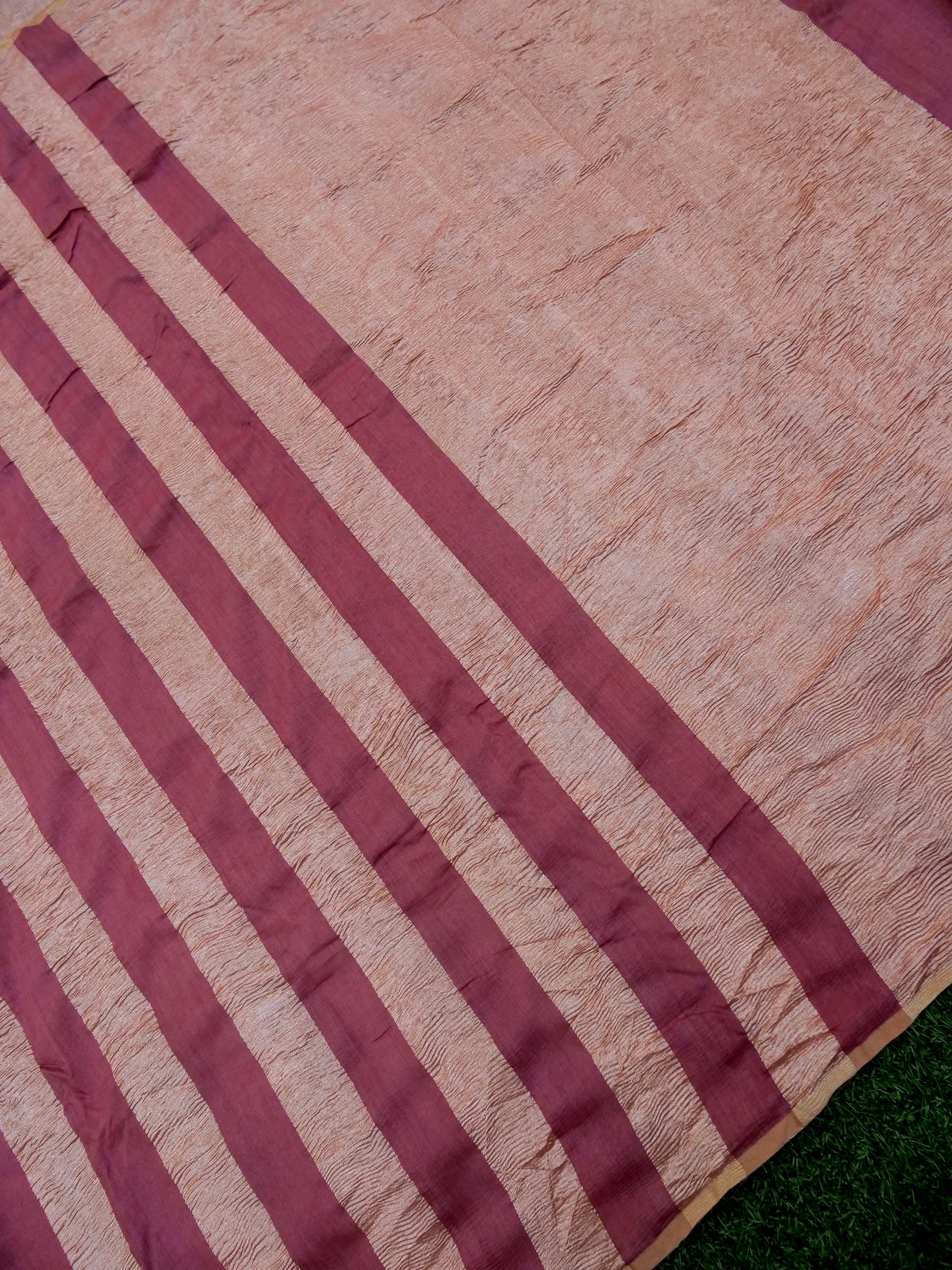 Handloom Pure Munga Tissue Crush Striped Saree in Peach - Khinkhwab