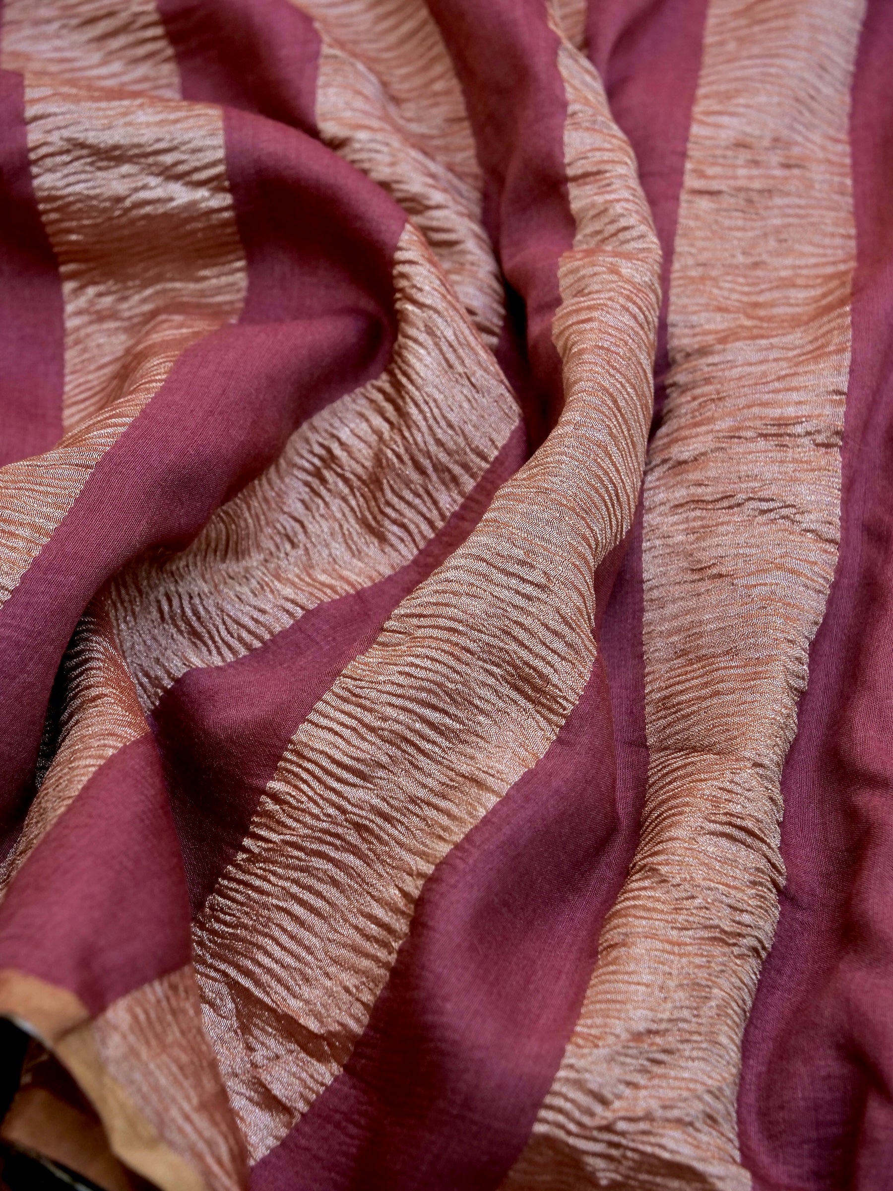 Handloom Pure Munga Tissue Crush Striped Saree in Peach - Khinkhwab