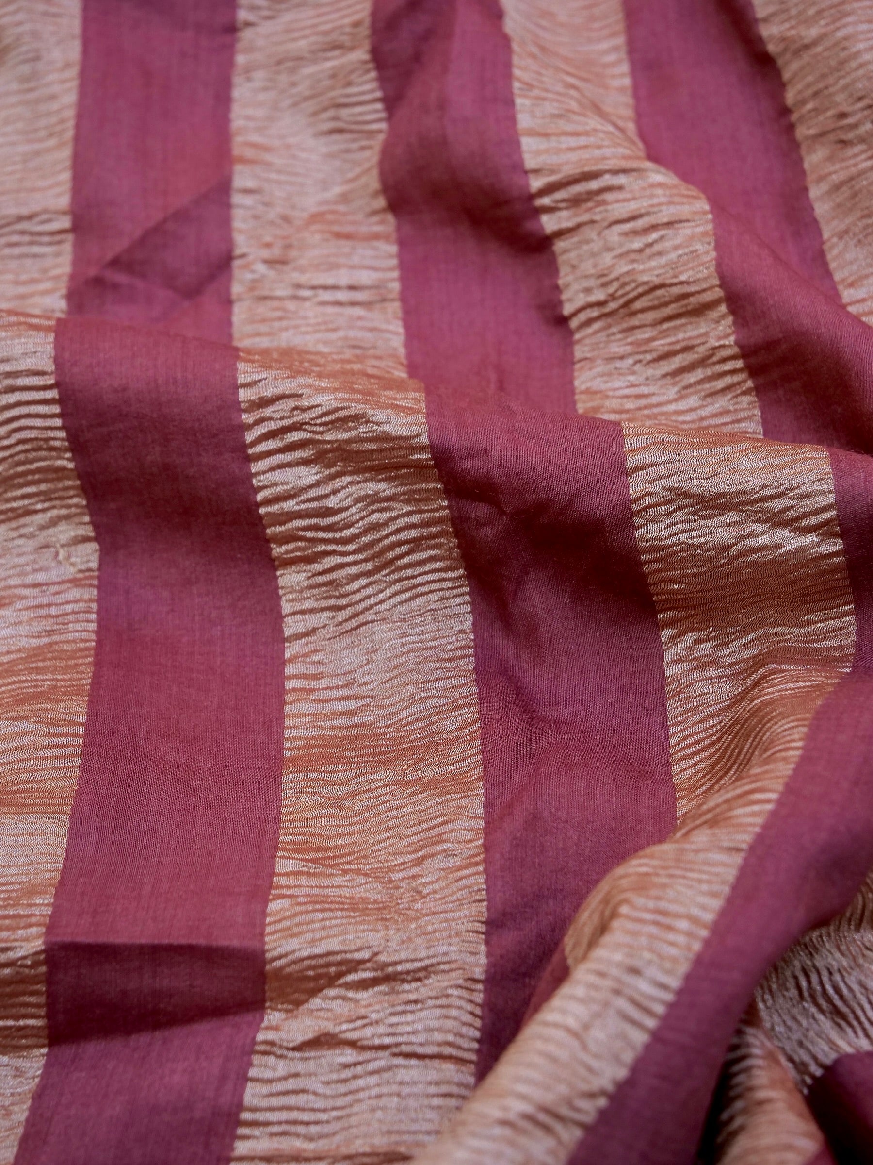 Handloom Pure Munga Tissue Crush Striped Saree in Peach - Khinkhwab
