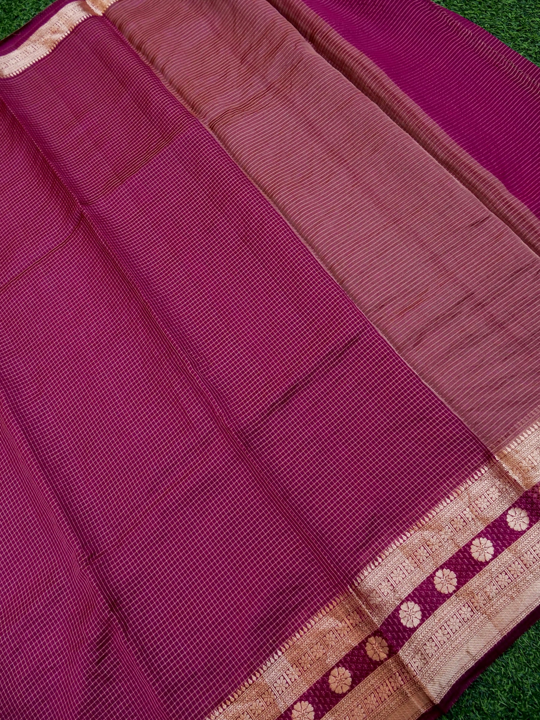Handloom Dupion Kora Silk Banarasi Check Saree in Purple - Khinkhwab