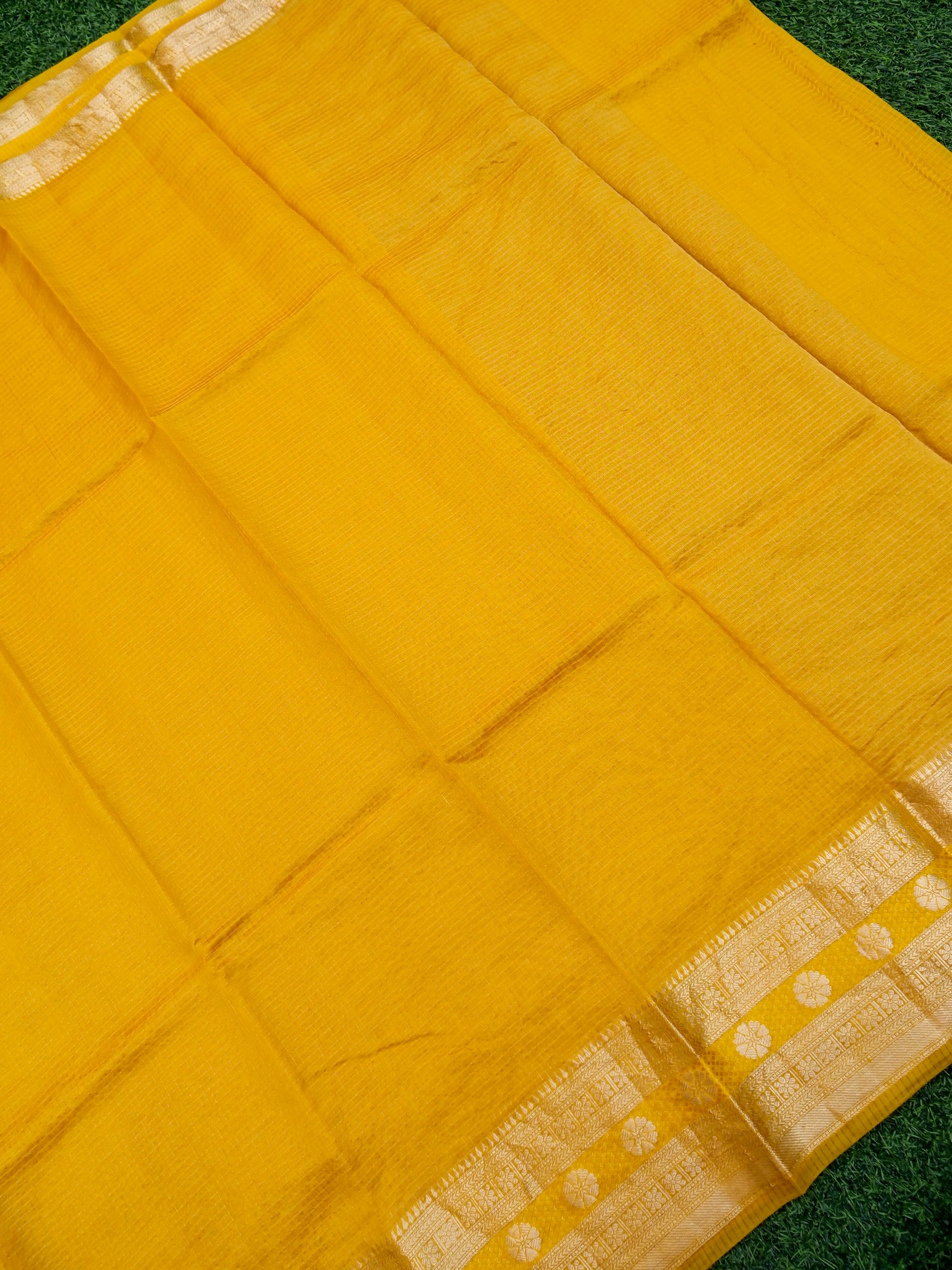 Handloom Dupion Kora Silk Banarasi Check Saree in Yellow - Khinkhwab