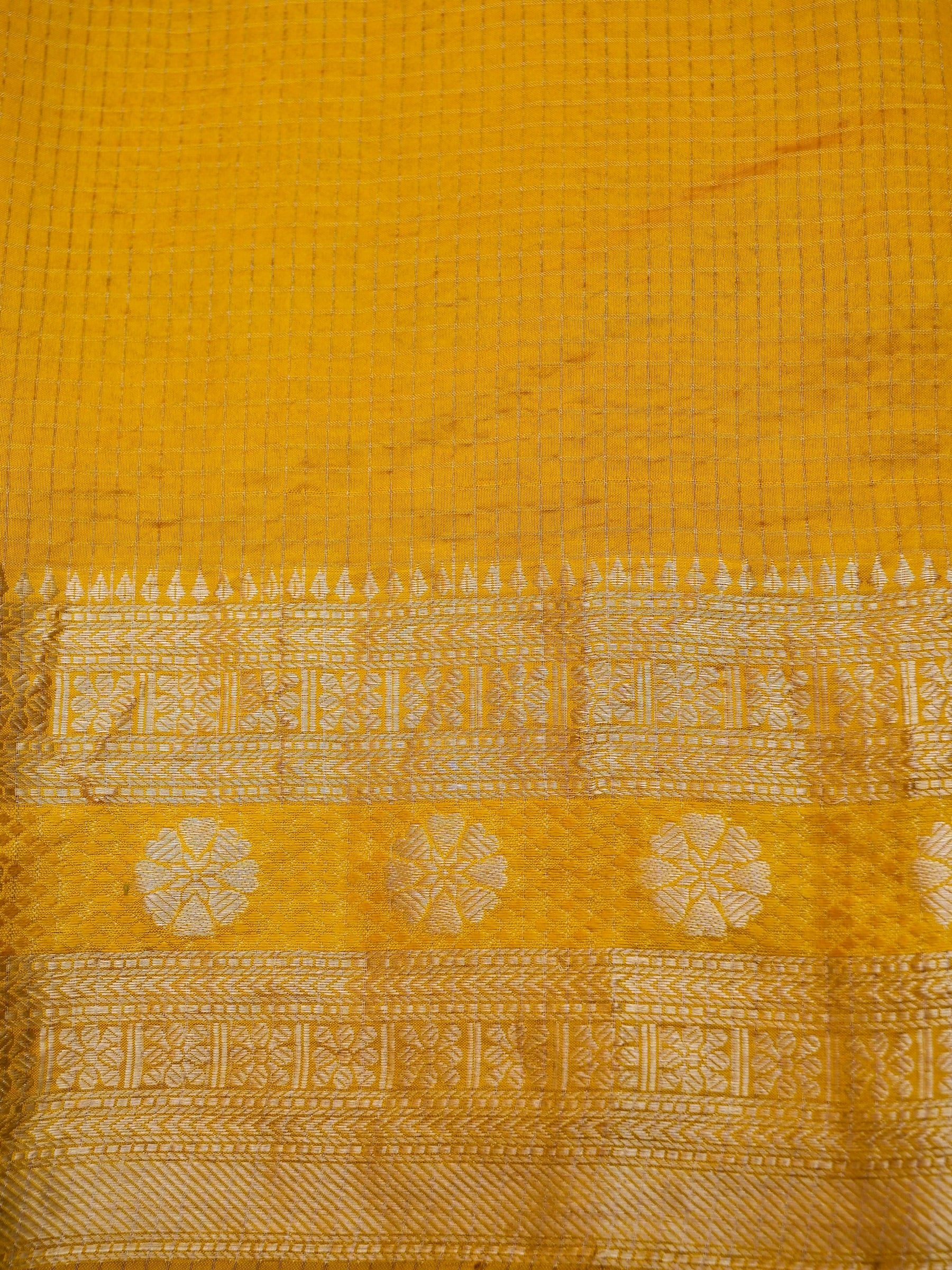 Handloom Dupion Kora Silk Banarasi Check Saree in Yellow - Khinkhwab