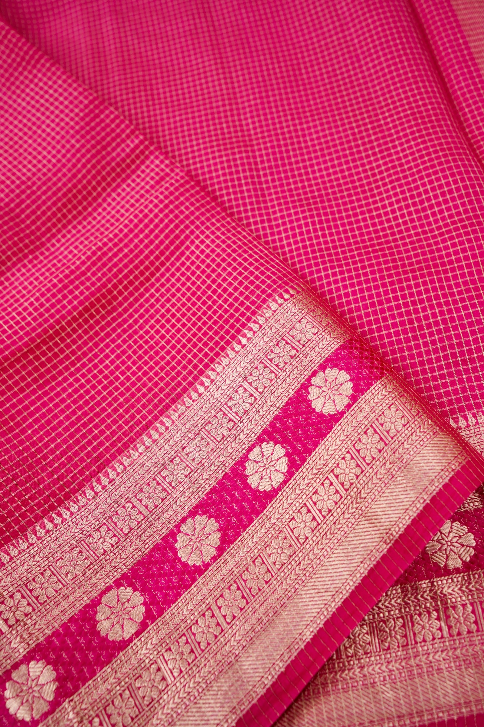 Handloom Dupion by Kora Silk Banarasi Check Saree in Pink - Khinkhwab