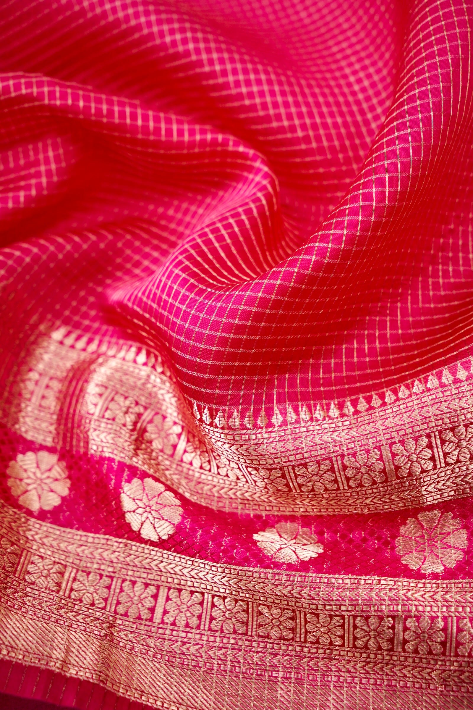 Handloom Dupion by Kora Silk Banarasi Check Saree in Pink - Khinkhwab