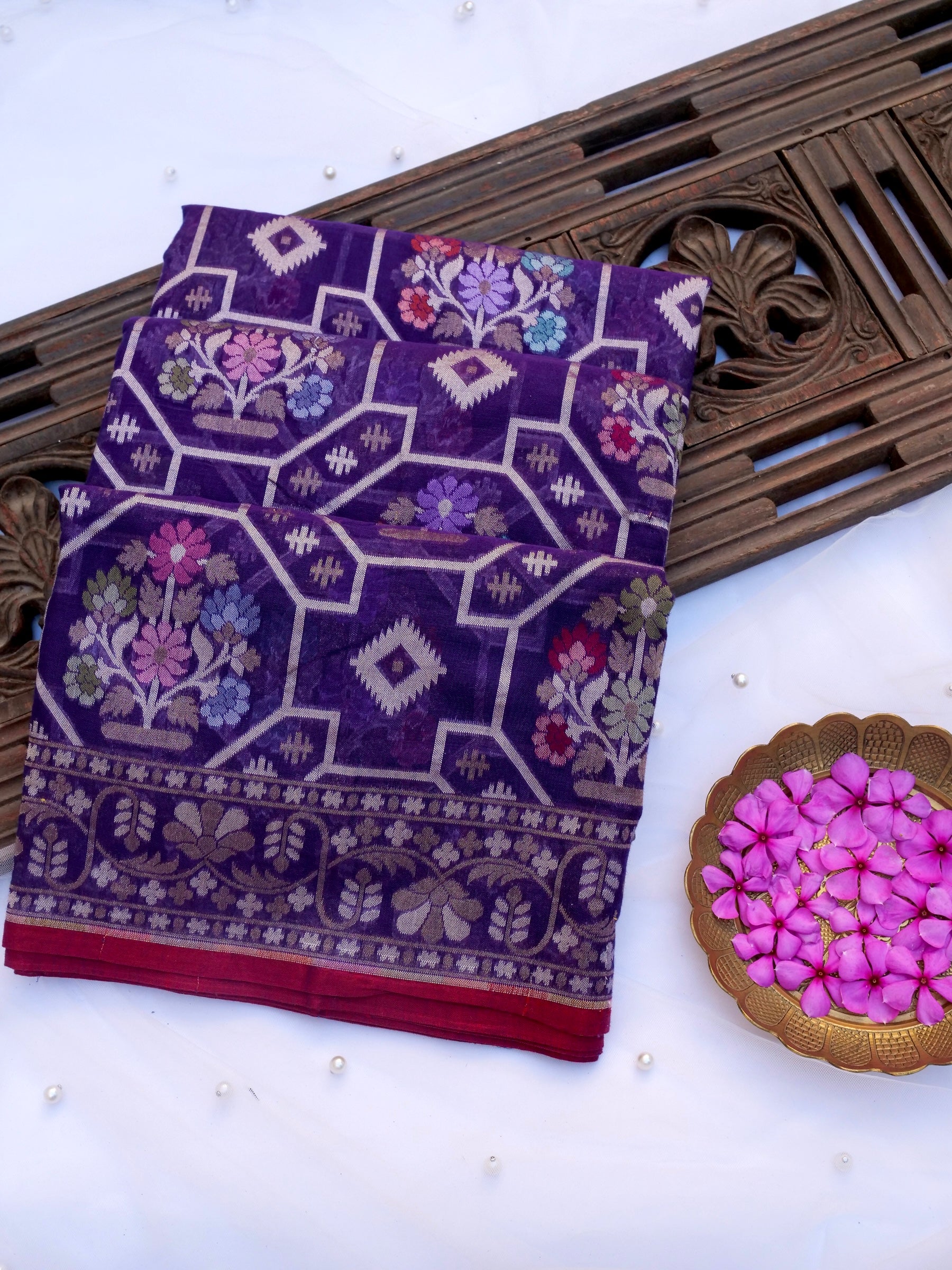 Handloom Cotton Ektara Banarasi Saree in Purple - Khinkhwab