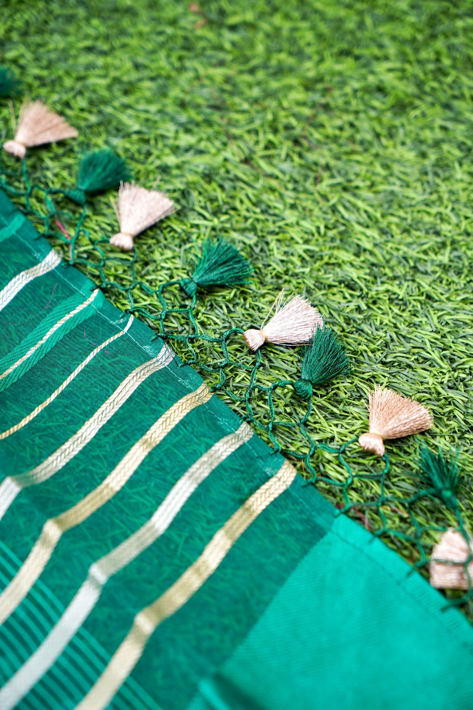 Handloom Kora Silk Banarasi Striped Saree in Green - Khinkhwab